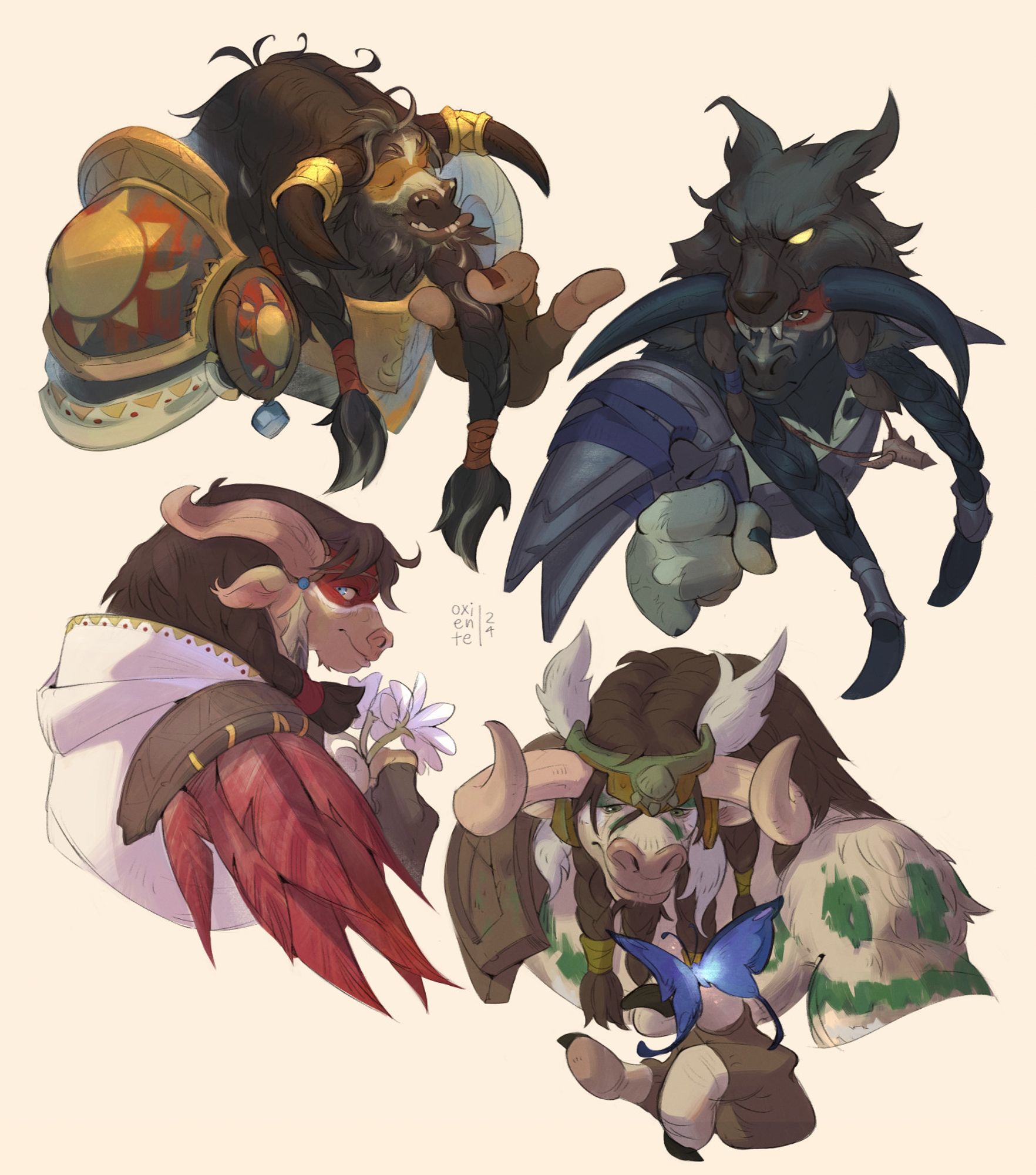 A digital art of busts of 4 tauren: a paladin, a shaman, a priest and a druid. On the top left, the paladin straightens his beard with pride. At the top right, the shaman has a clenched fist and an aggressive expression. On the bottom left, the priest has flowers in her hands and a gentle expression. On the bottom right. the druid looks at a blue butterfly perched on his finger.