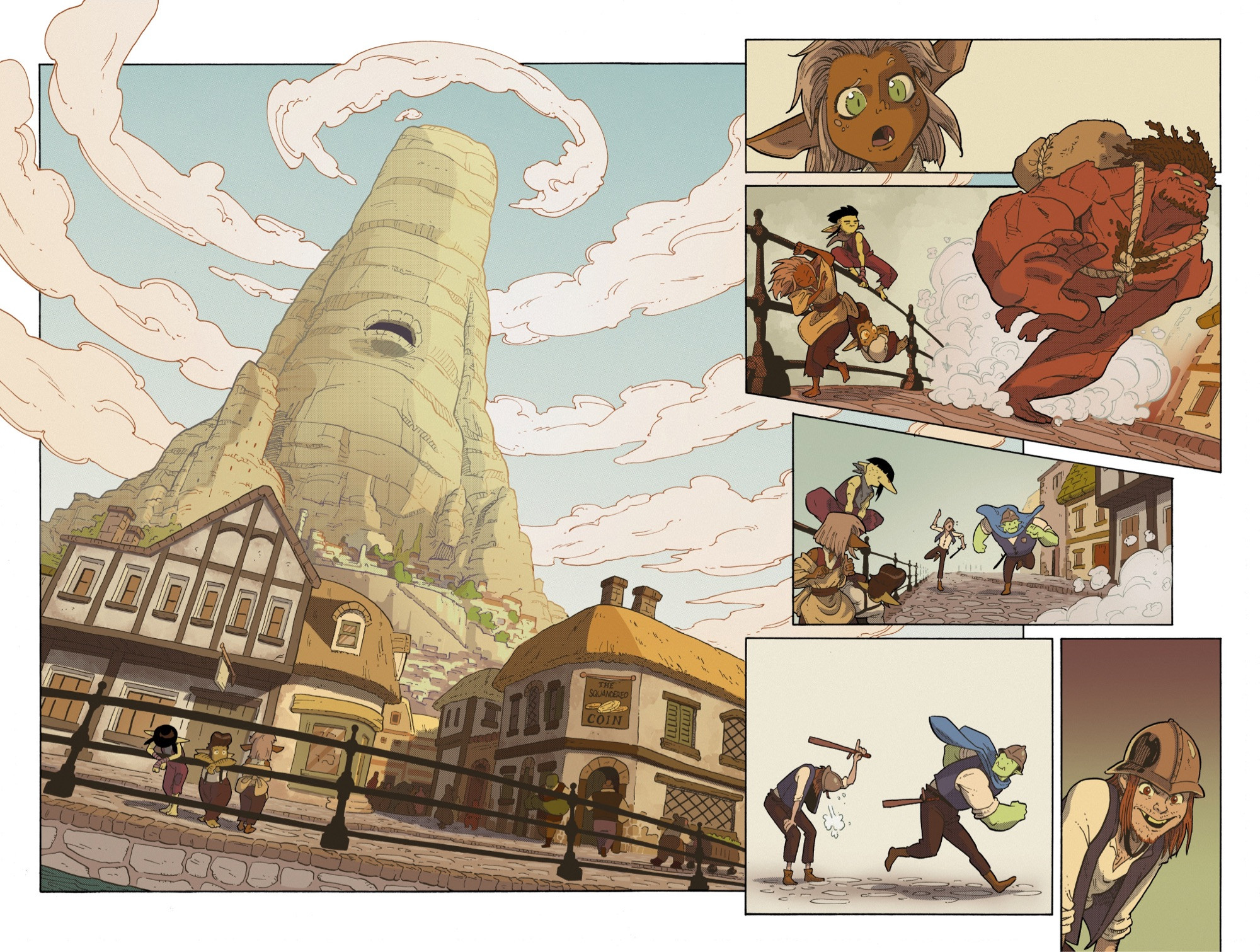 A double page comics spread. Goblins look up at a fantasy city from the waterfront, then have to dive out of the way of a running troll. The guards pursuing the troll notice the goblins