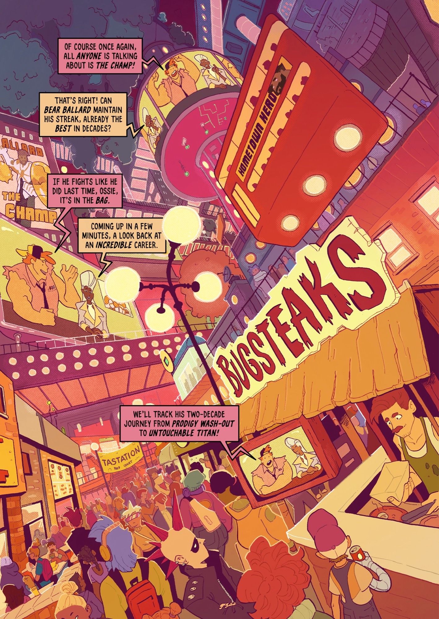 A comics splash page, showing a variety of eccentrically-dressed weirdos in a vibrant night food market scene in a sci-fi city. Each area of the city on view has its own architectural style and gravitational direction.