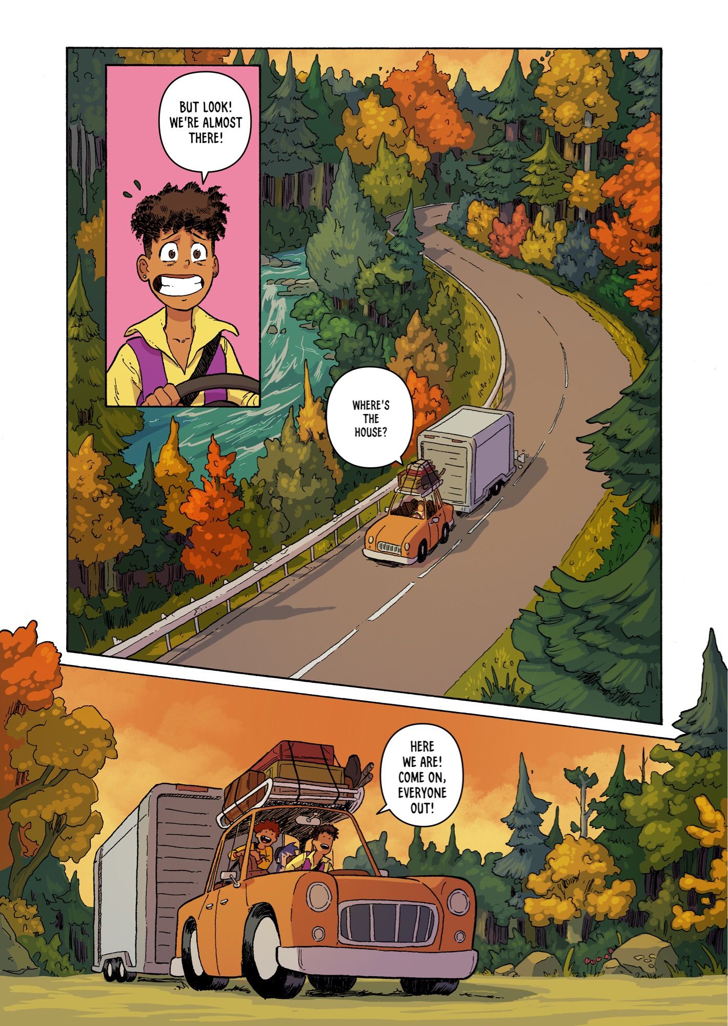 A comics page, showing a family driving along a winding road through a gorgeous forest.