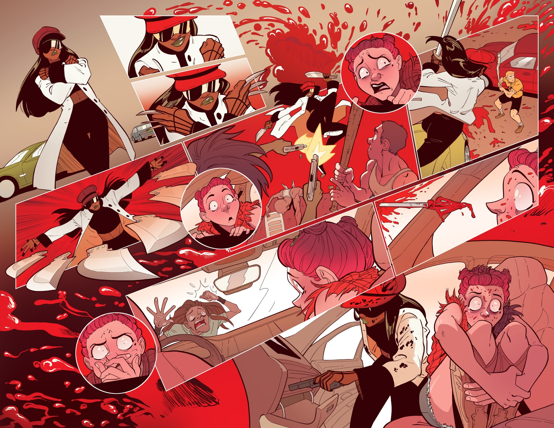 A double page comics spread from CROWDED. Hyperviolence as Circe kills a lot of people while Charlie looks on in traumatised horror