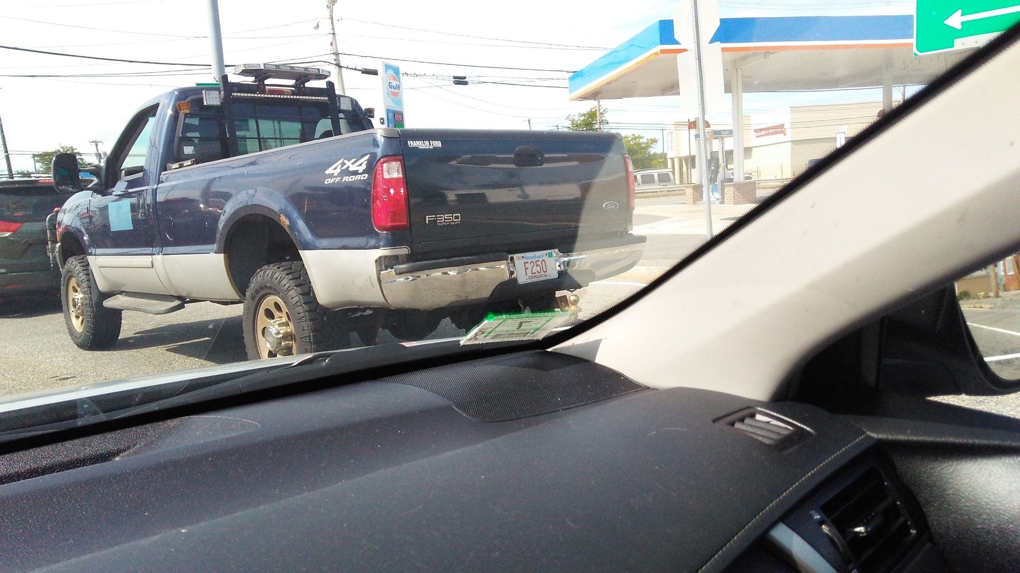 Photo of a Ford F350 truck with a license plate that says "F250".