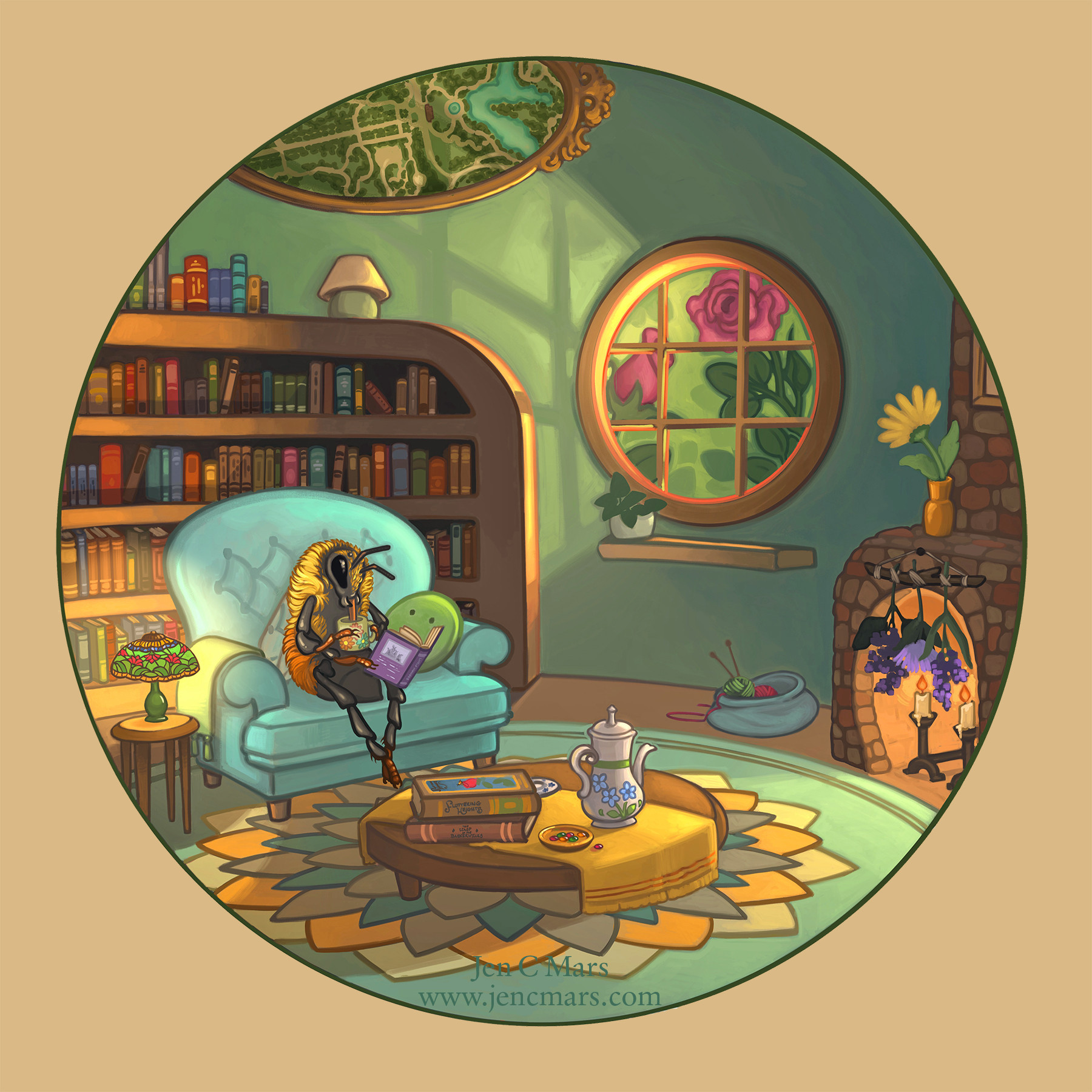 A round painting of a cozy reading room. A black tail bumble bee sits in an oversized turquoise chair, holding a book with two legs and a mug of coffee, her proboscis extended to sip up the contents. There are books, a coffee or teapot, a bowl of candy and a dish on the coffee table. A small flower-patterned tiffany styled lamp is on a side table. Light comes in through a round window, showing late afternoon light and roses. There are candles in the fireplace and dried flowers hanging. A large bookshelf is behind the bee, and over it an ornately framed map. A knitting bag sits on the floor under the window. It's a cozy scene.