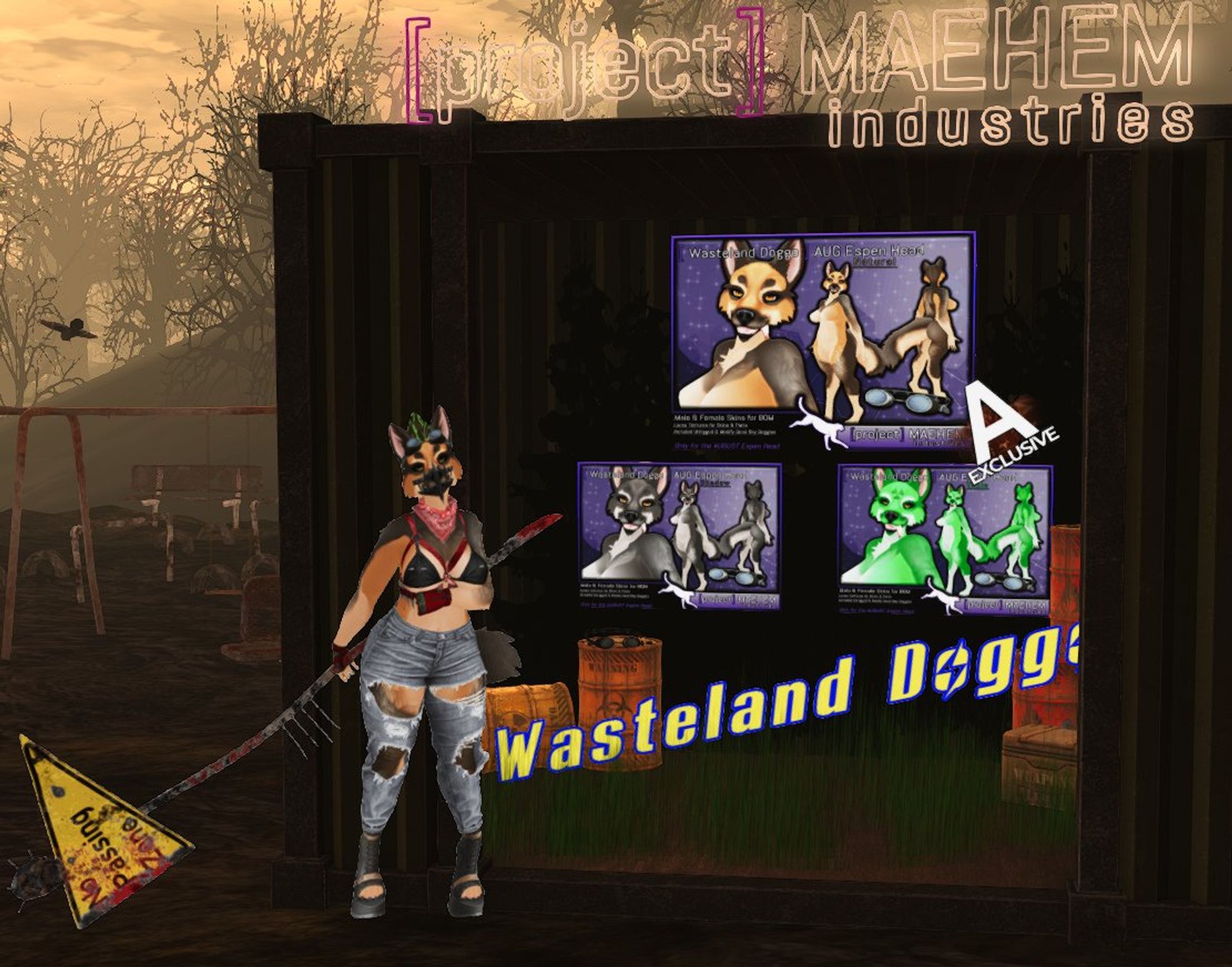 VENDOR PHOTO OF PROJECT MAEHEM FOR THE UPCOMING ABNORMALITY EVENT IN SECOND LIFE FEATURING HER RENDITION OF DOGMEAT FROM FALLOUT 4