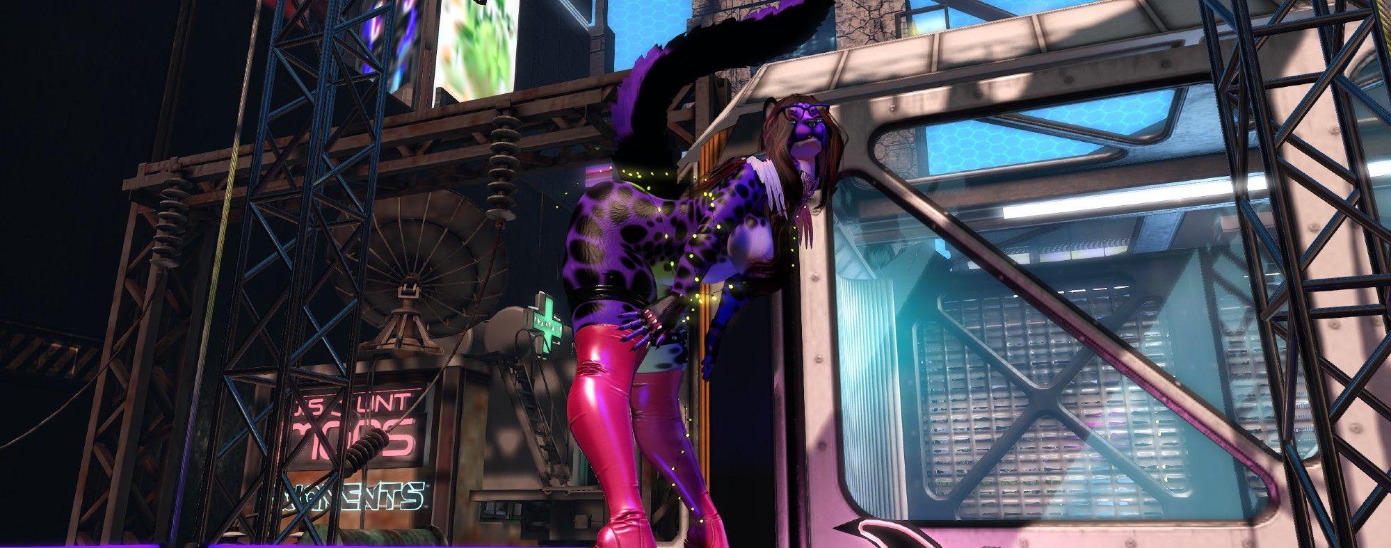 SYNODA MAE THE PURPLE CHEETAH BENT AT THE HIP MID-DANCE WEARING PINK THIGH HIGH BOOTS AND LITTLE CLOTHING IN SECOND LIFE AT CYBERFUR SANCTUM PRIDE CELEBRATION