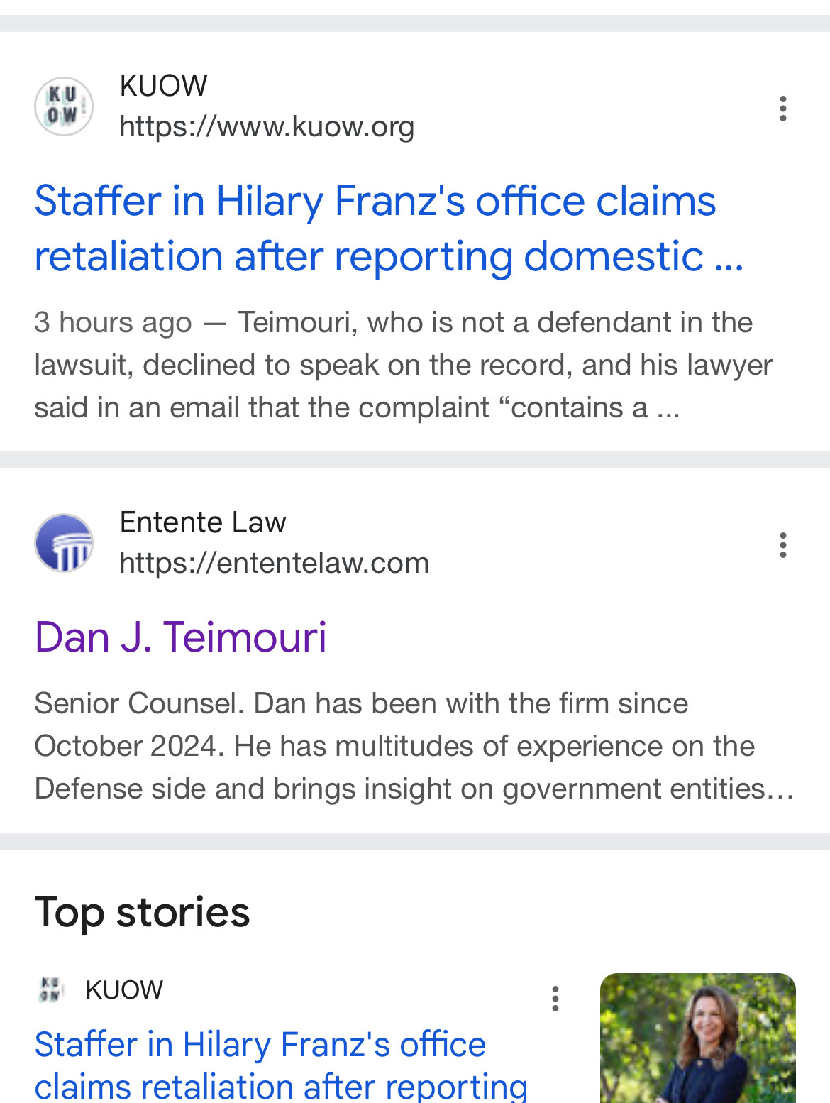 A screenshot of google results showing Dan J Teimouri listed as senior counsel at Entente Law