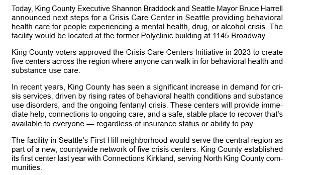 Screenshot of an email announcing an agreement between Seattle's Mayor and King County's Executive about where to put the next Crisis Care Center location 