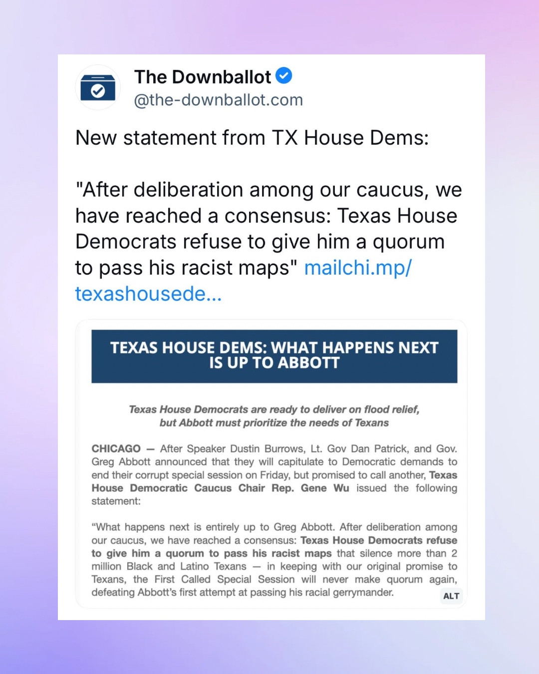 The Downballot on Bluesky: “New statement from TX House Dems:

"After deliberation among our caucus, we have reached a consensus: Texas House Democrats refuse to give him a quorum to pass his racist maps"”