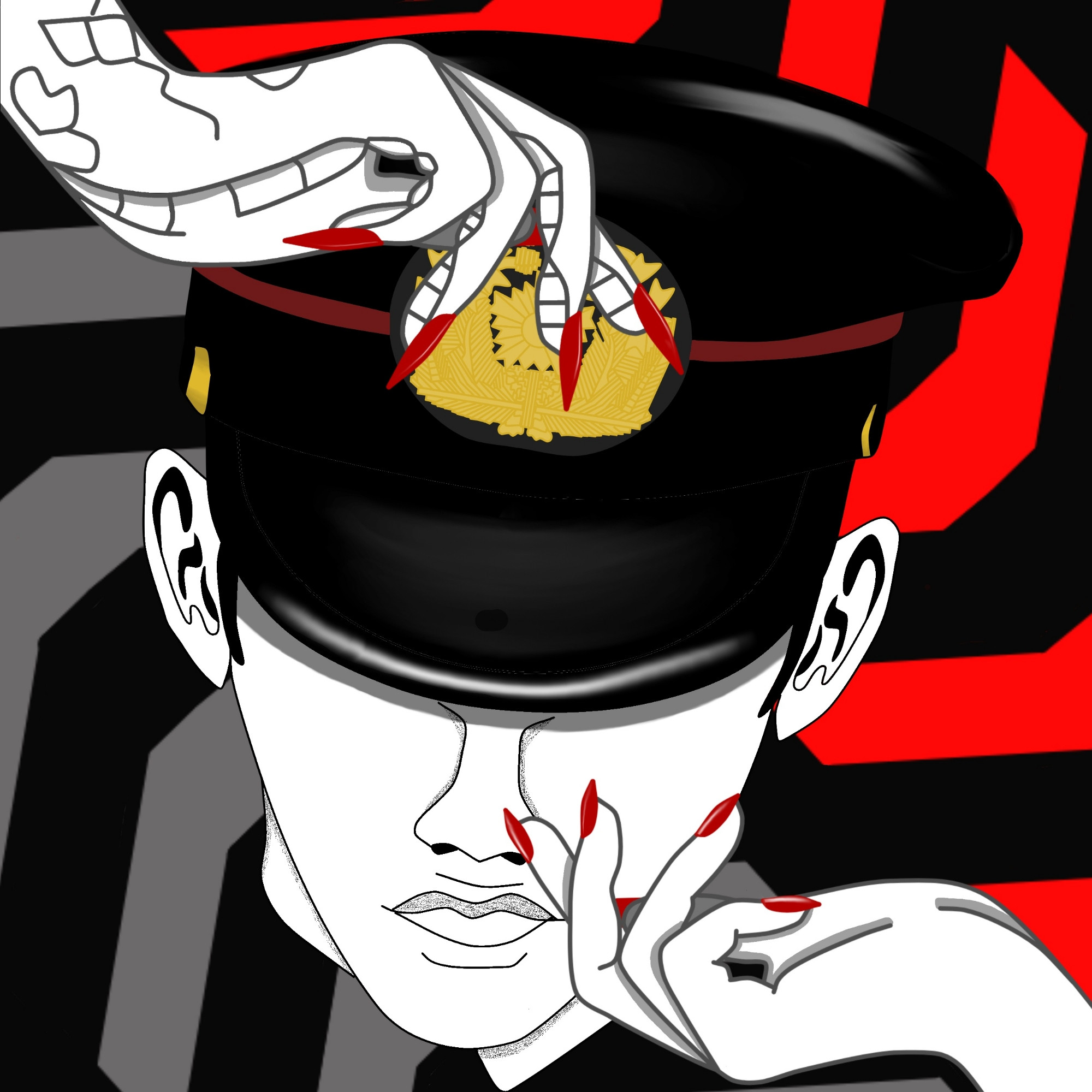 The chevron background in red, grey and black are a reference to the underbelly of Nuwa's serpent form. The bottom beckoning hand is her humanoid hand with red nails. The top beckoning hand is her serpent scales hand. In the centre is Yakumo's portrait in monochrome  with gold and red accents in his hat. His eyes are covered by his hat. 