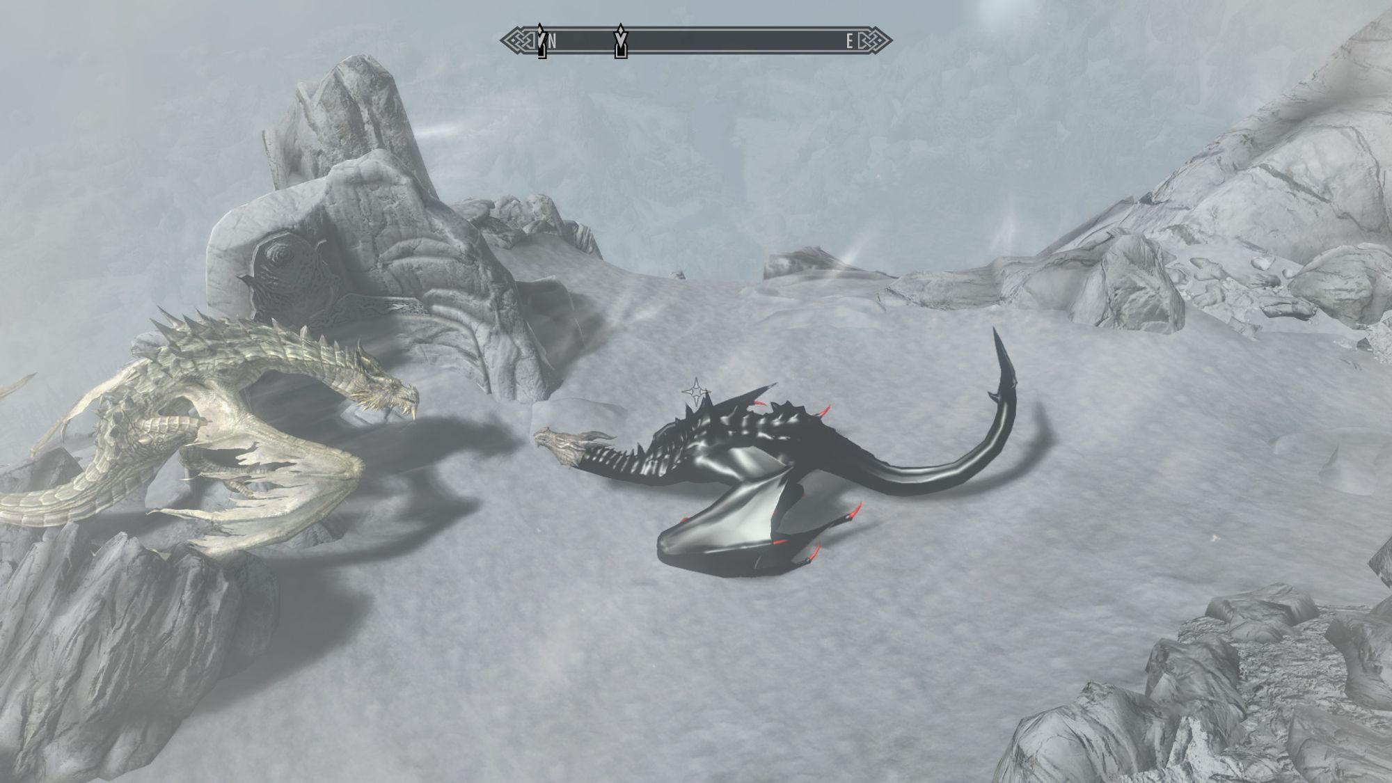 Skyrim screenshot.  The player - a brown dragon - stands in front of Paarthurnax the wise old dragon and the two dragons crane their necks to look at each other.  The player dragon has been edited so that he's wearing a black latex catsuit and red-painted claws.

This was made with Play-As-A-Dragon SE and some custom texture work