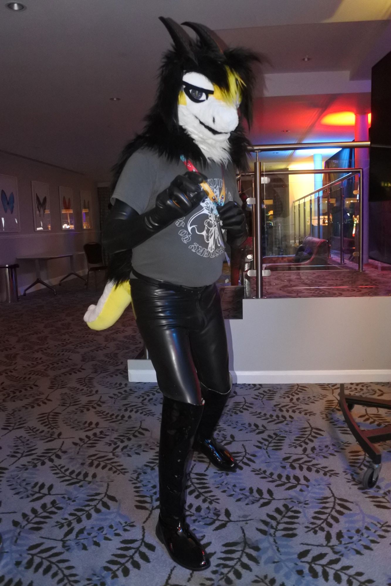 Fursuit photo of a black white and yellow dragon at Pawsome.  He is wearing latex opera gloves, latex leggings and pvc boots

Photo by Mutley