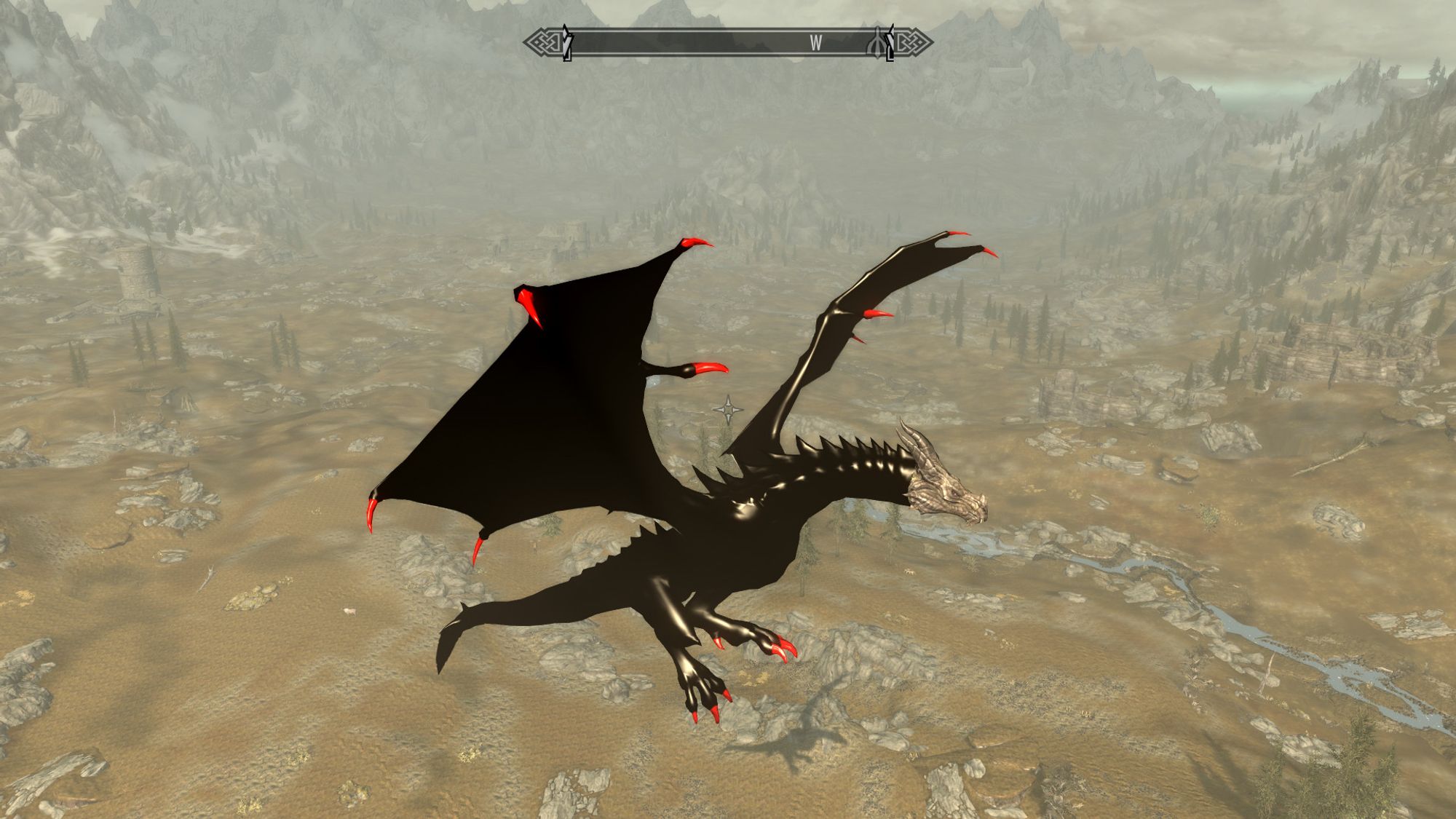 Skyrim screenshot.  The brown dragon's texture and normal maps have been edited, giving him a shiny black rubber bodysuit which even covers up the holes and tears in his wings.  The claws on his feet and wings have been painted gloss red.
This was made with Play-As-A-Dragon SE and some custom texture work