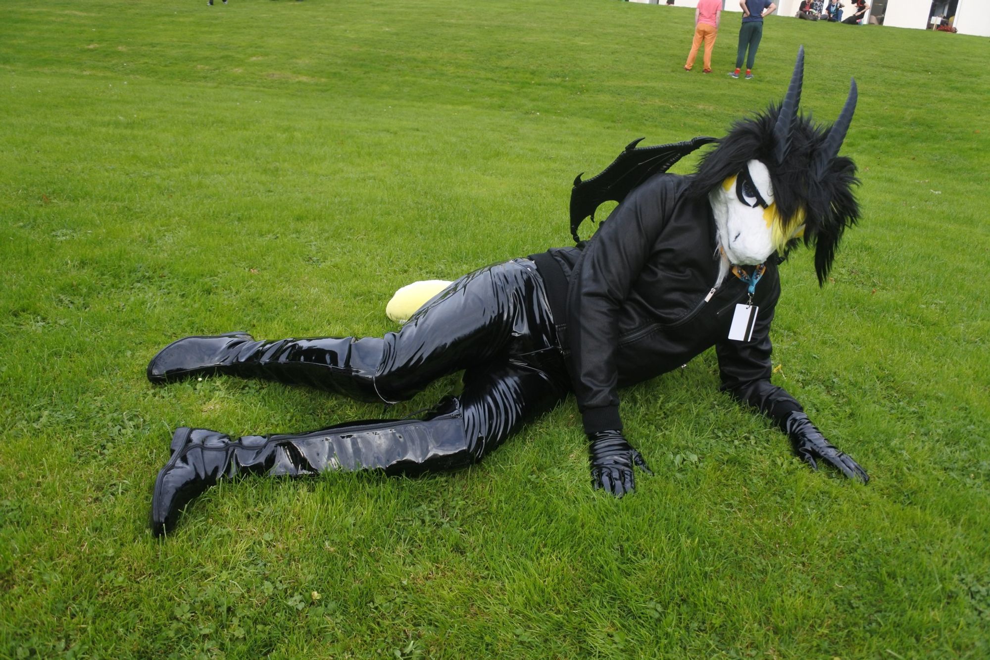 A black, white and yellow dragon fursuiter lying on the grass.  He is wearing PVC jeans gloves and boots, and a leather jacket with wings

Photo by Sochox