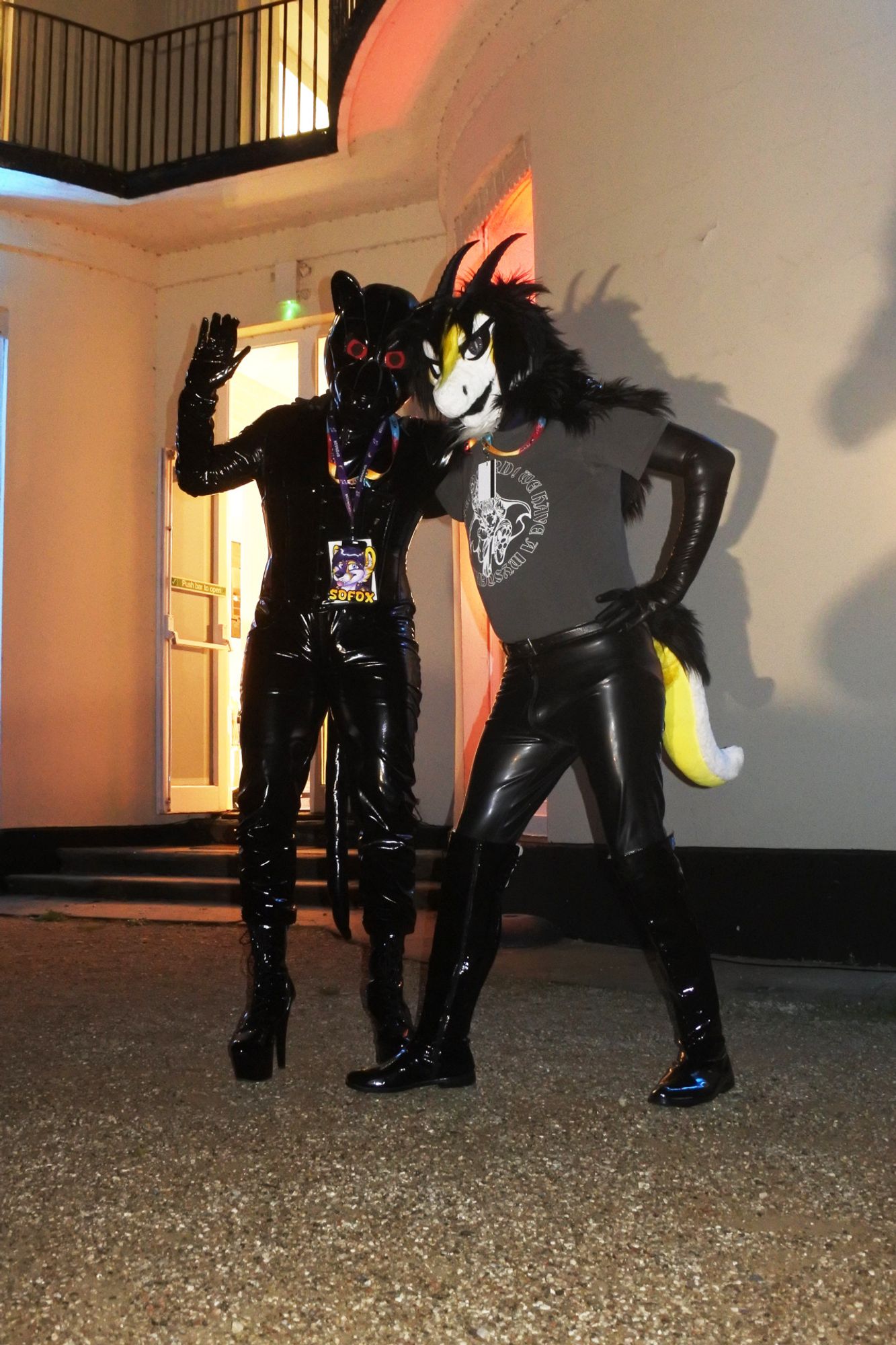 Fursuit photograph
On the left is Sochox as a robot panther in a PVC catsuit.  To his right is Terry the dragon, with his latex opera gloves and leggings.  They have their arms around each other's shoulders, with Sochox waving and Terry's hand on his hip.

It was taken at night in the Pawsome hotel grounds and floodlights are casting their shadows onto the hotel wall.

The photo was taken by Mutley.