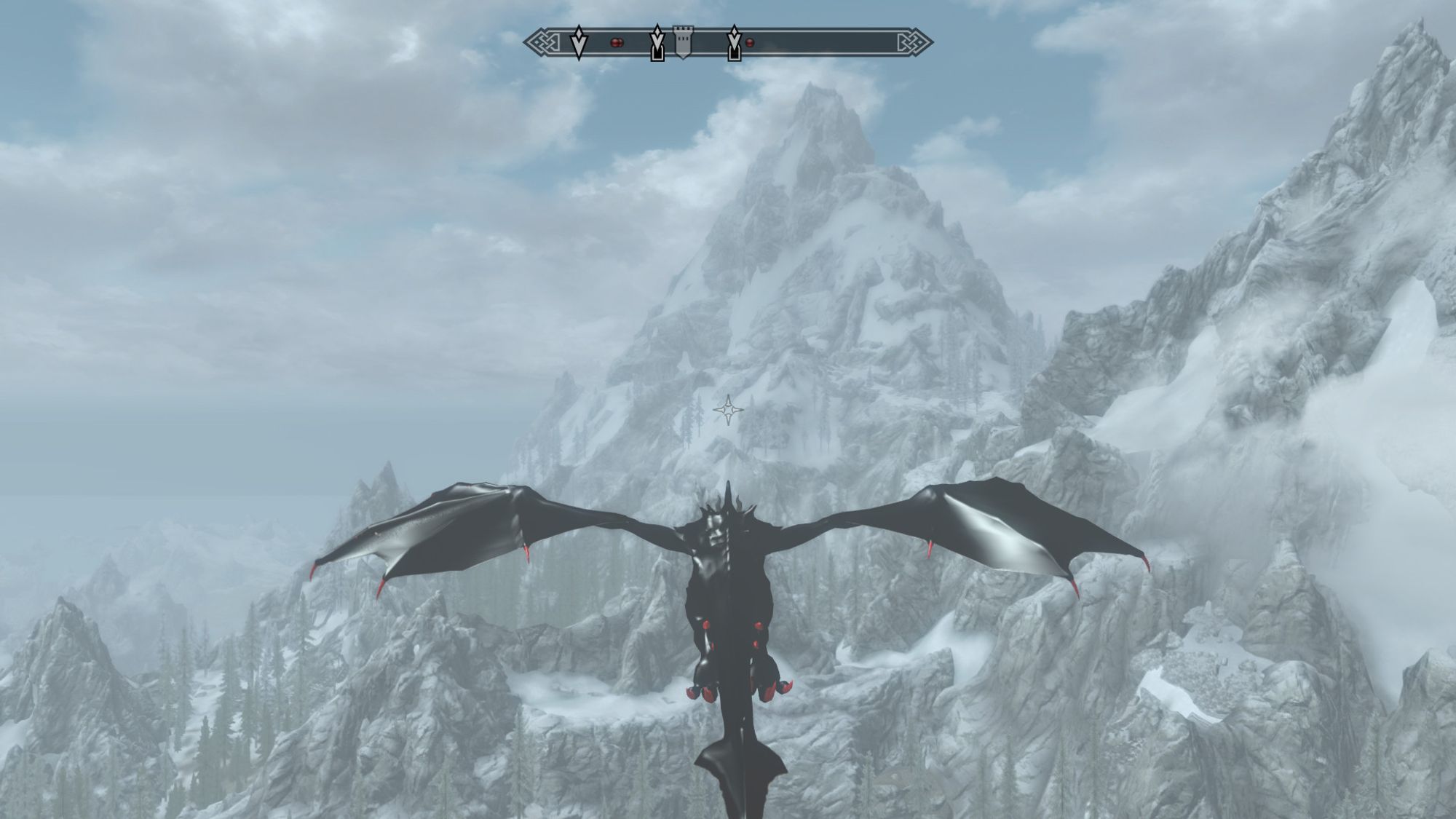 Skyrim screenshot.  The player - a brown dragon - flies towards the Throat of the World.  The brown dragon's texture and normal maps have been edited, giving him a shiny black rubber bodysuit which even covers up the holes and tears in his wings.  The claws on his feet and wings have been painted gloss red.

This was made with Play-As-A-Dragon SE and some custom texture work