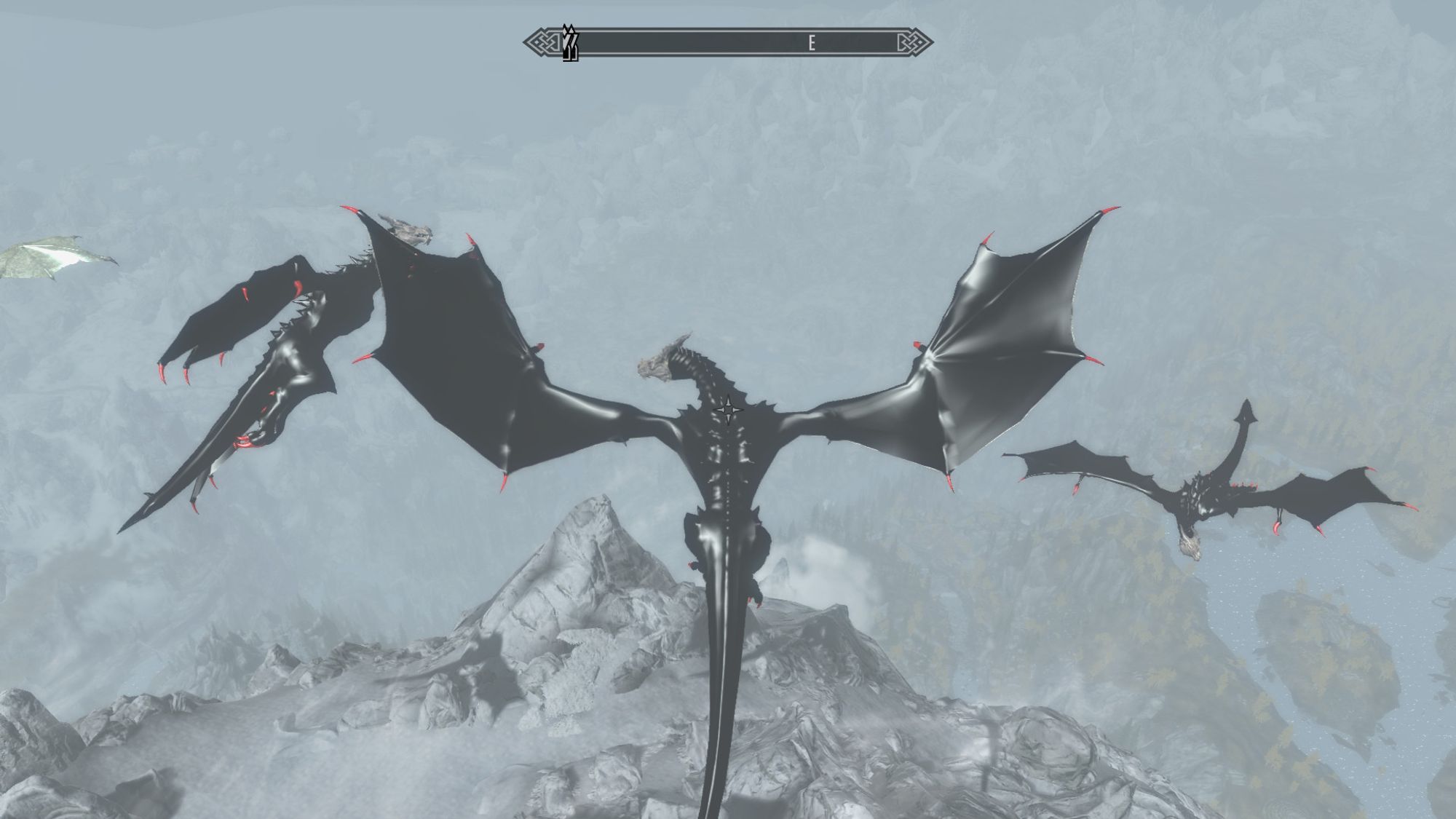 Skyrim screenshot.  The player - a brown dragon - hovers above the Throat of the World.  He's been edited so that he's wearing a black latex catsuit and red-painted claws.
Since this is a global texture change, two other dragons (rescued from the Elder Scroll cutscene via console commands)  are also wearing catsuits and makeup as the circle the mountain.

This was made with Play-As-A-Dragon SE and some custom texture work