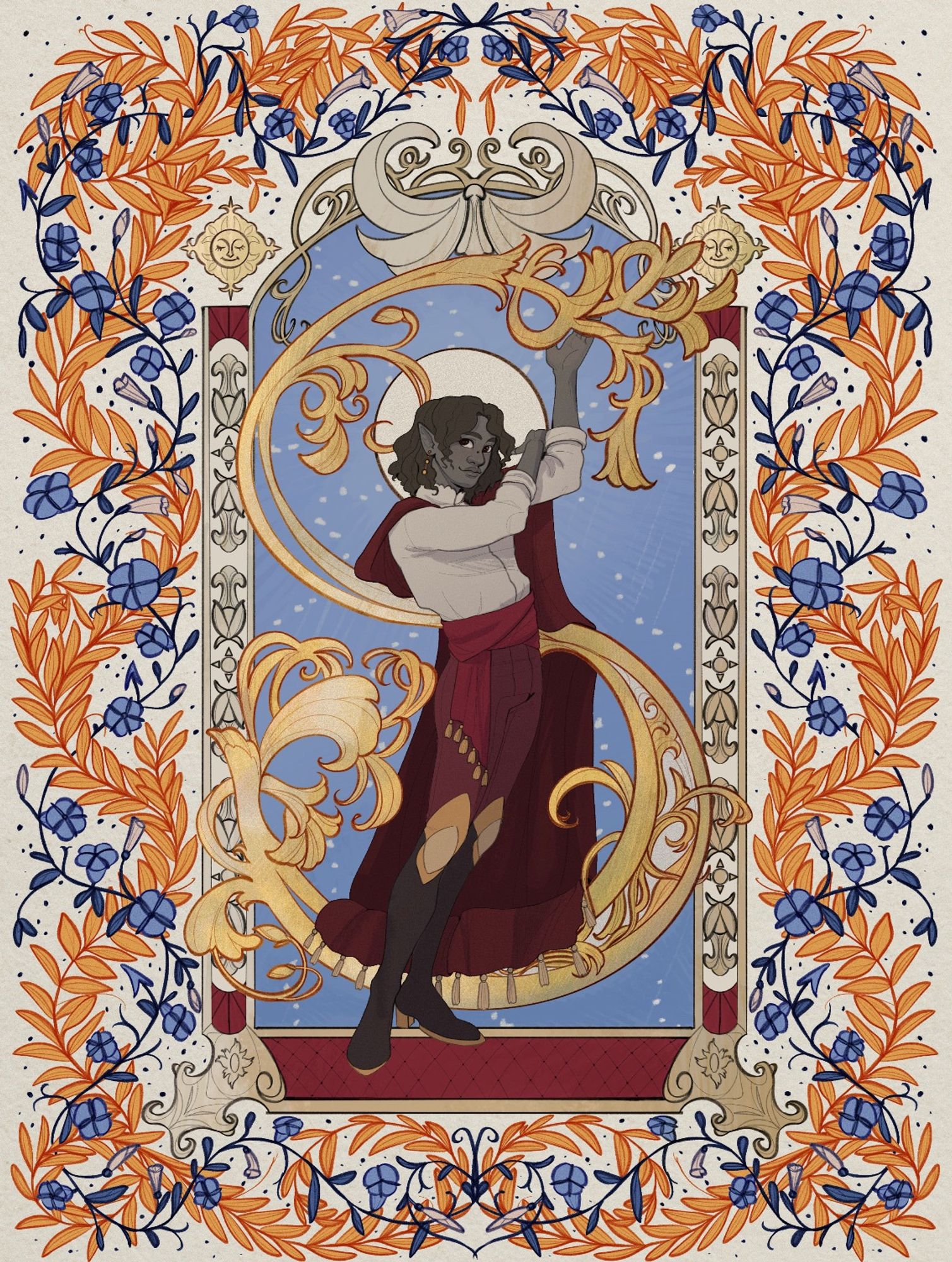 An illustration of a dark elf styled after illuminated manuscripts. He stands in front of a giant gold S in an intricate frame. Around him are orange and blue vines and flowers.