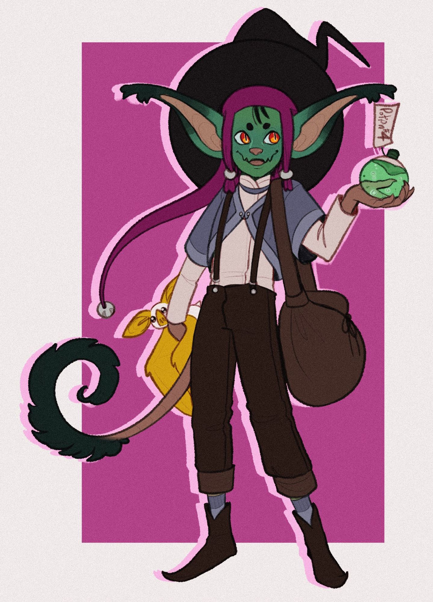 An illustration of a green goblin with a tail stands holding a potion in one hand and a bat in the other.