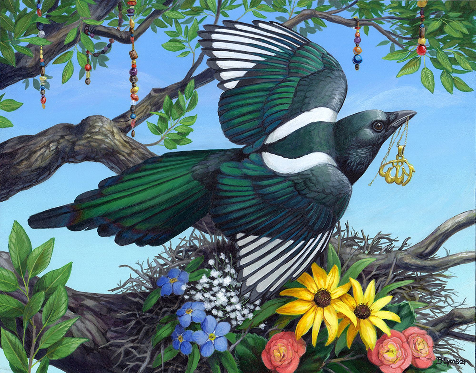 A magpie in flight over a nest full of flowers. It carries a gold necklace on a chain in its beak.