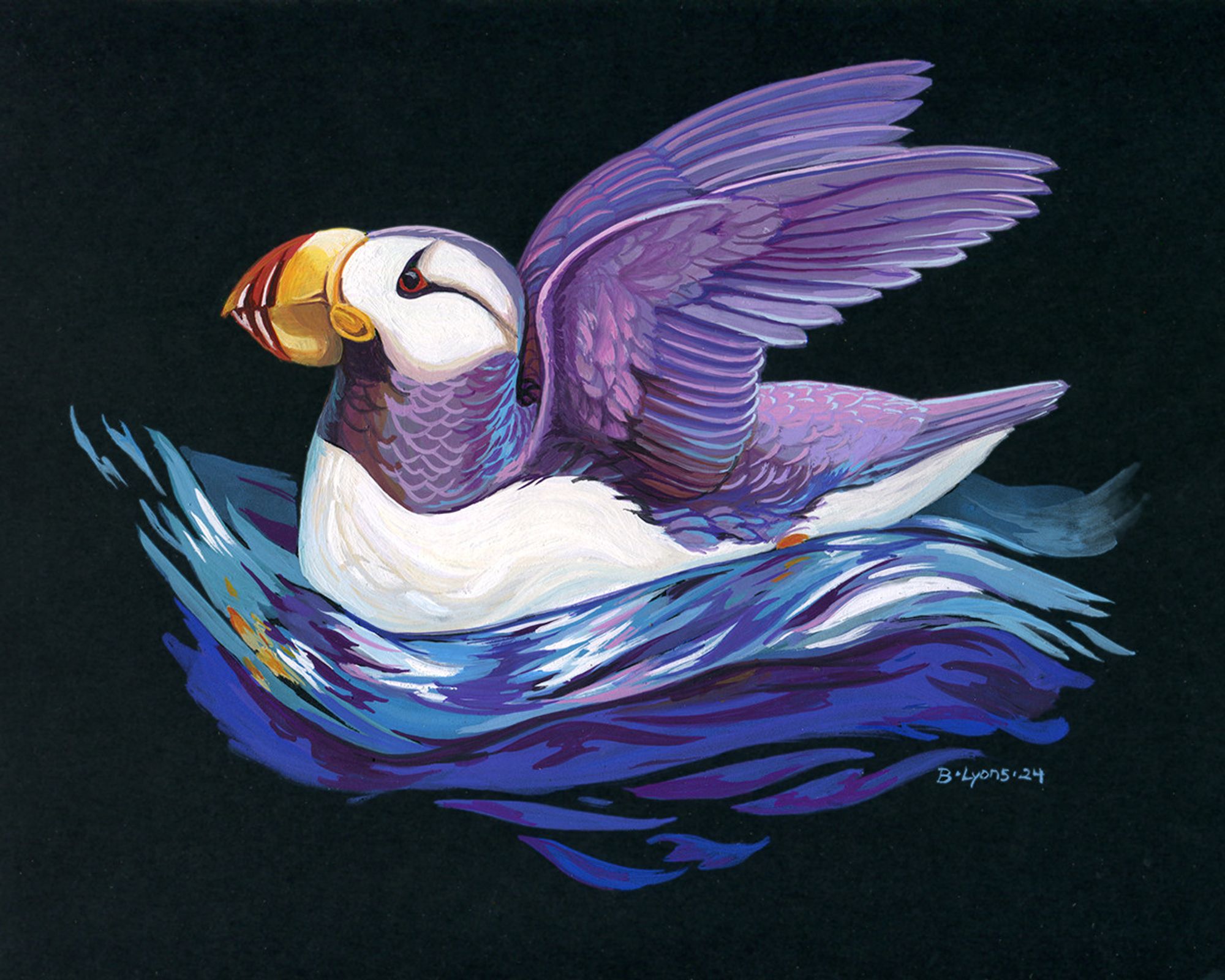 A gouache painting of a purple horned puffin in the water, with styled waves and bright colors, with wings spread.