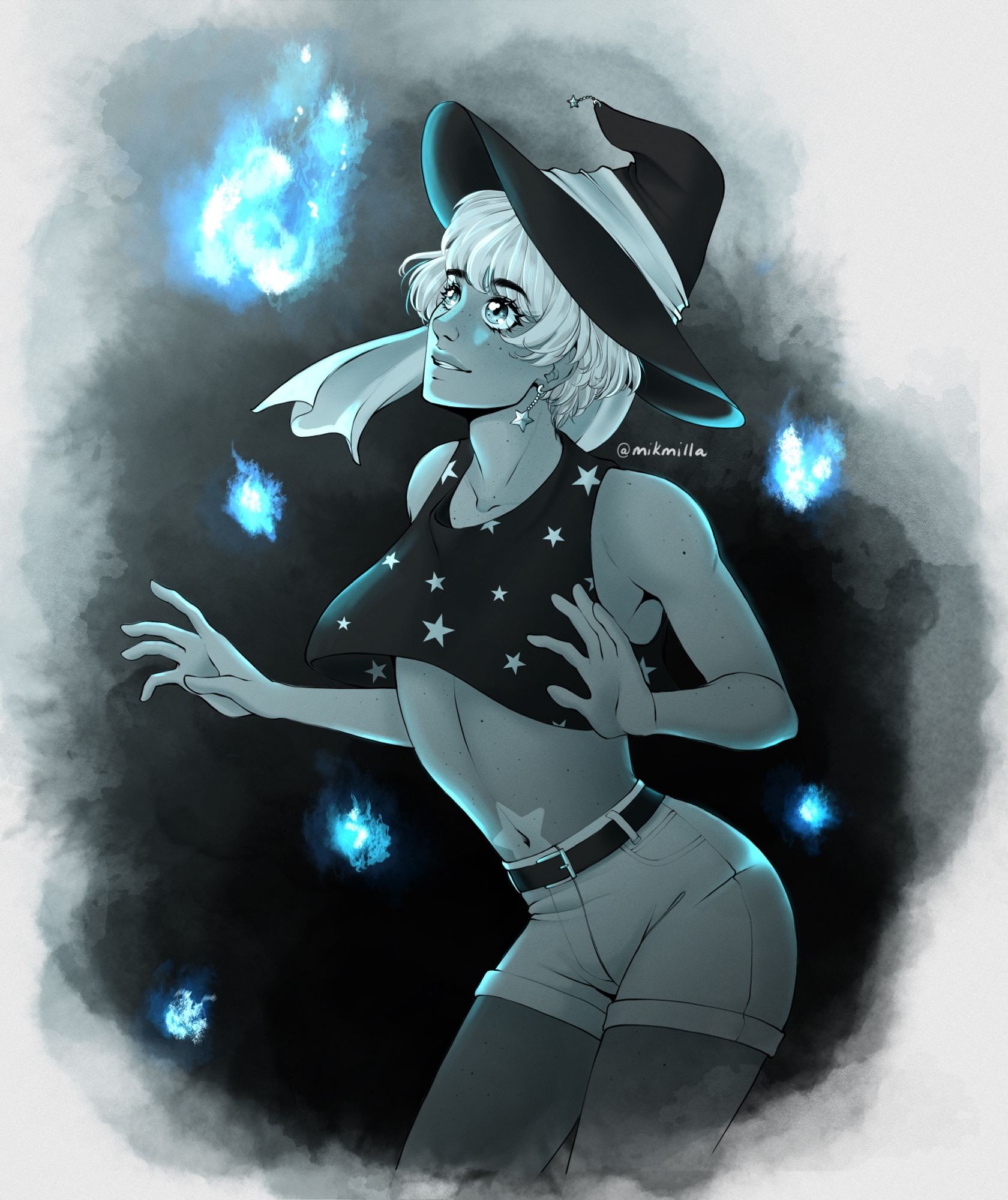 Knee-up drawing of Aries, a young man wearing a hit hat, in black and white, with orbs of blue ghostly fire around him. The largest fire, a will-o-the-wisp named Aura, floats in front of Aries’ face and he smiles at it.