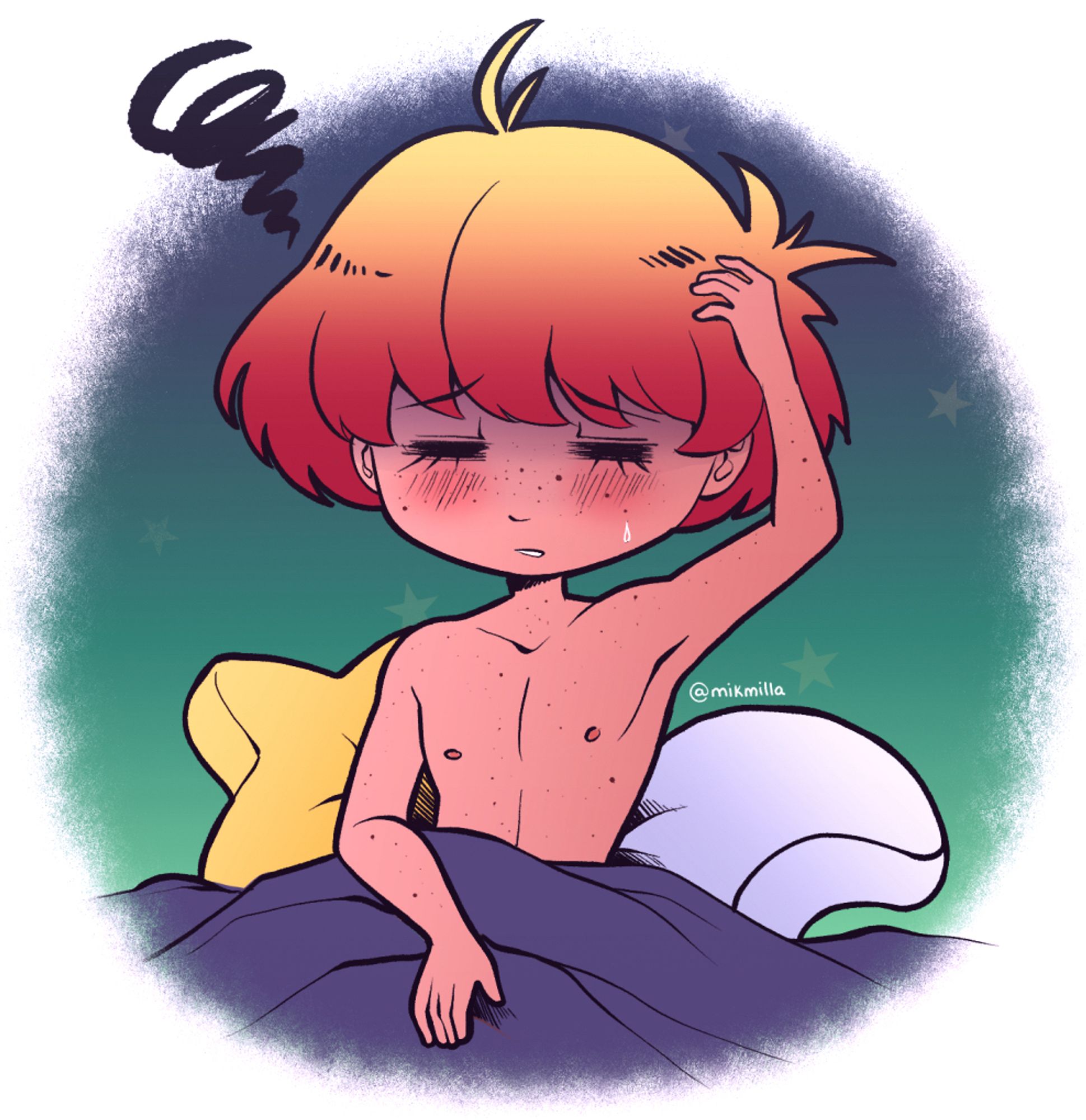 Waist up doodle of Aries, a young man with blonde and red hair, sitting in bed with his eyes still closed, scratching his head. His hair is messed up on one side and he has two pillows beside him: one shaped like a star and the other like a moon.