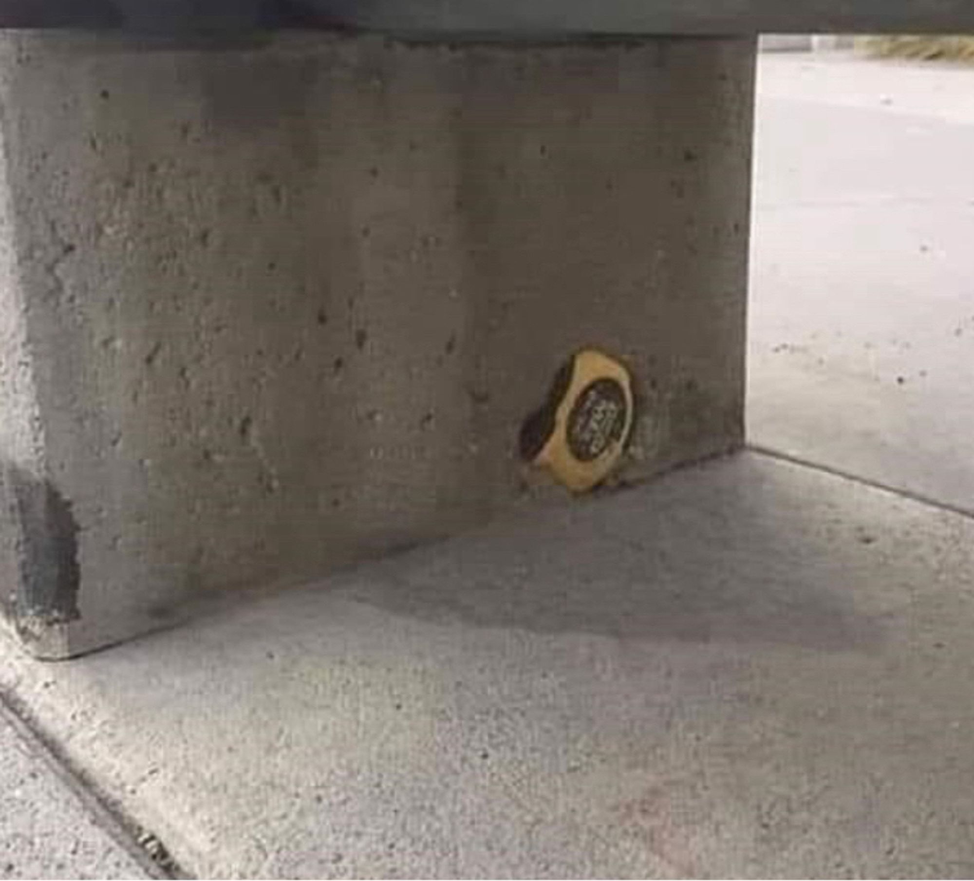 Concrete slab with tape measure stuck in it