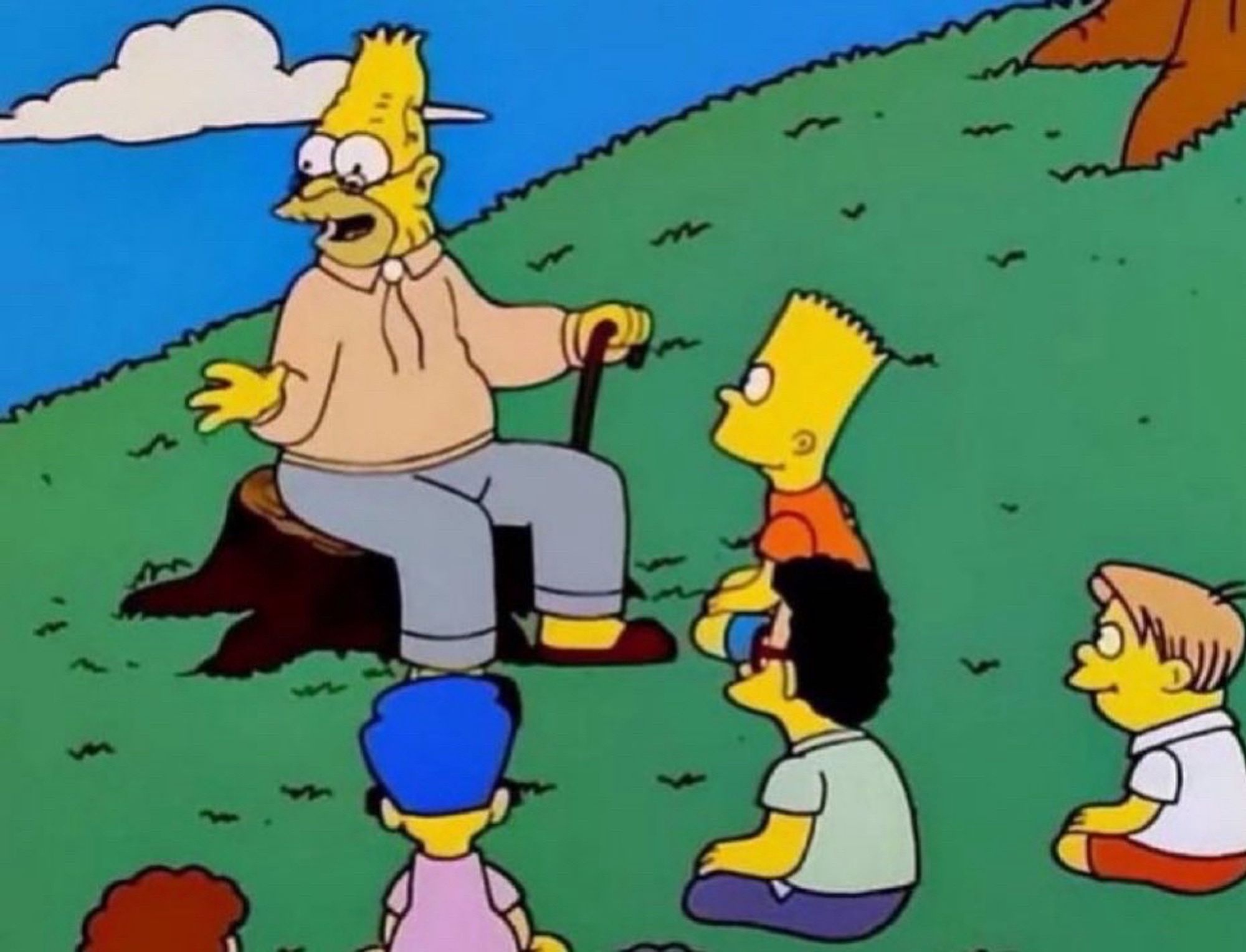 Grandpa Simpson talking to the kiddos