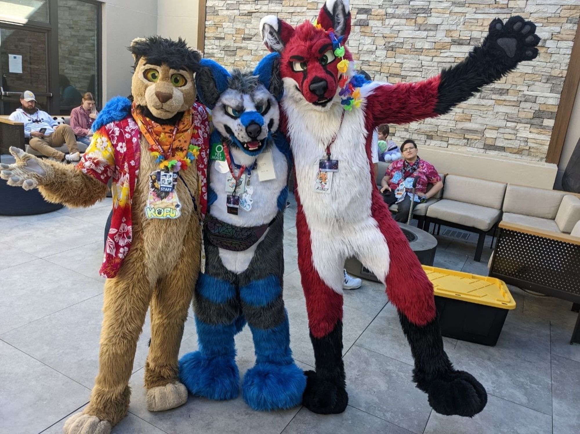 Three fursuitslers posing for the camera. 
From left to right:
Kofu (lion), cubic (Arctic Fox), Kodey (Arctic Fox[Summer coat])