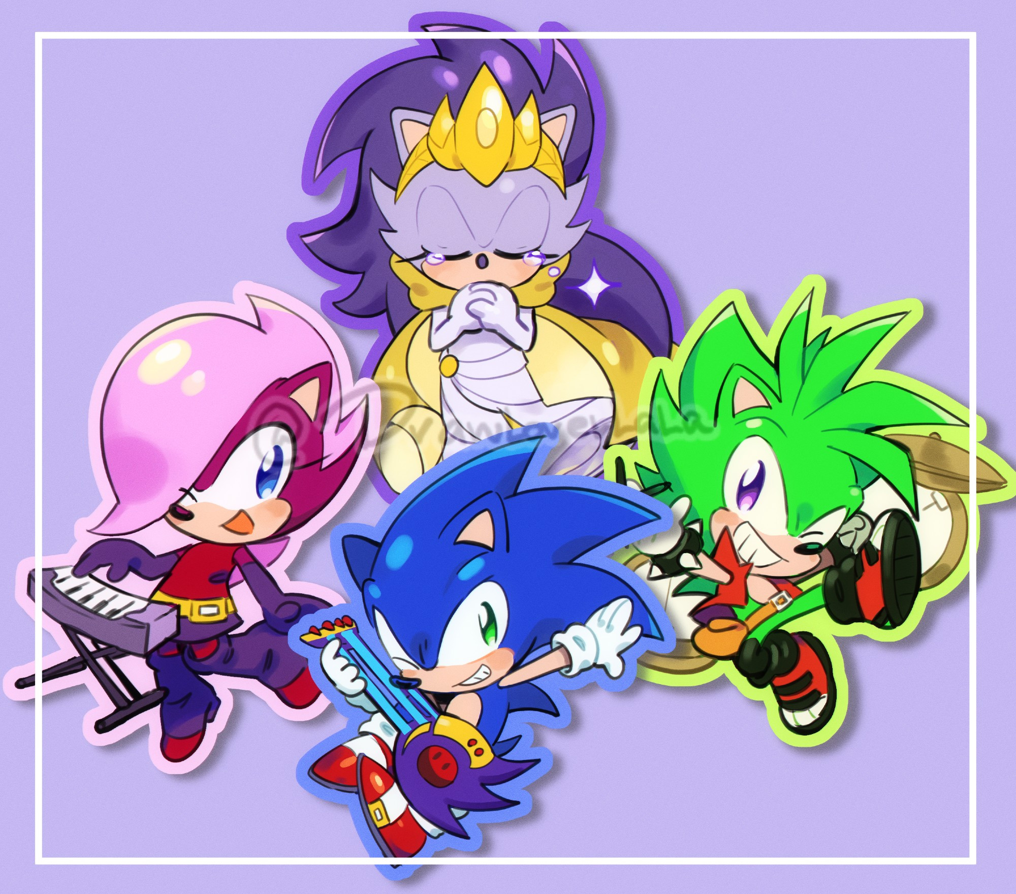 chibi drawing of Sonic Underground characters, Sonia on the left, Sonic on the middle bottom, Queen Aleena on the top middle, and Manic on the left