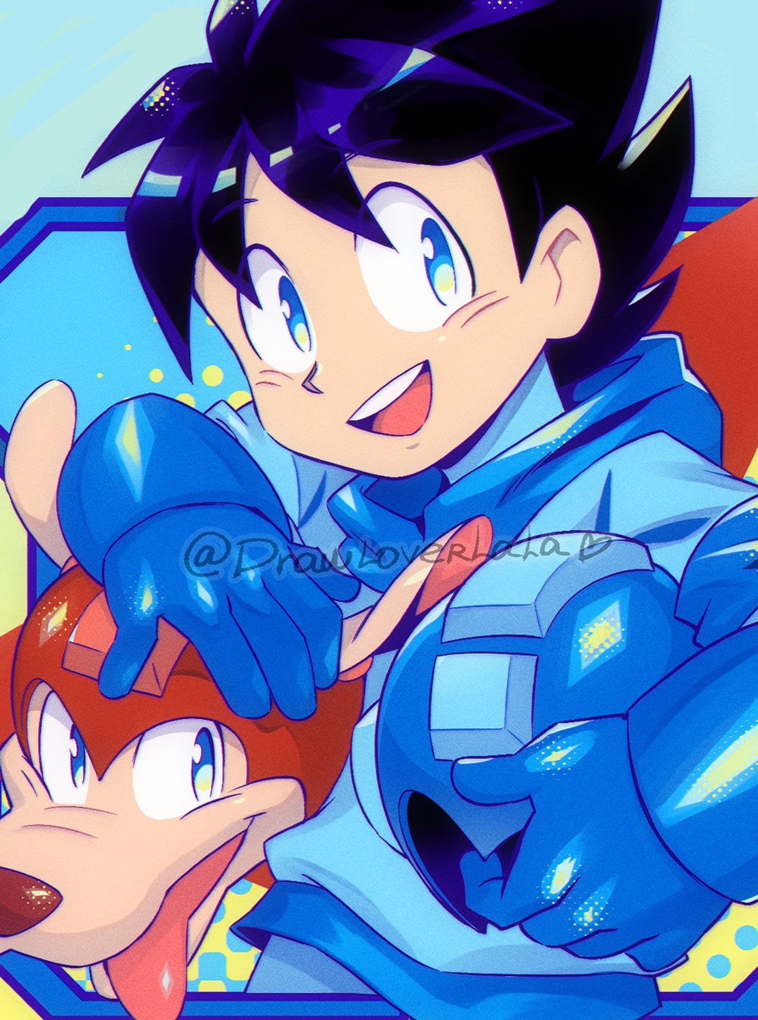 drawing of Megaman and his dog Rush by his side