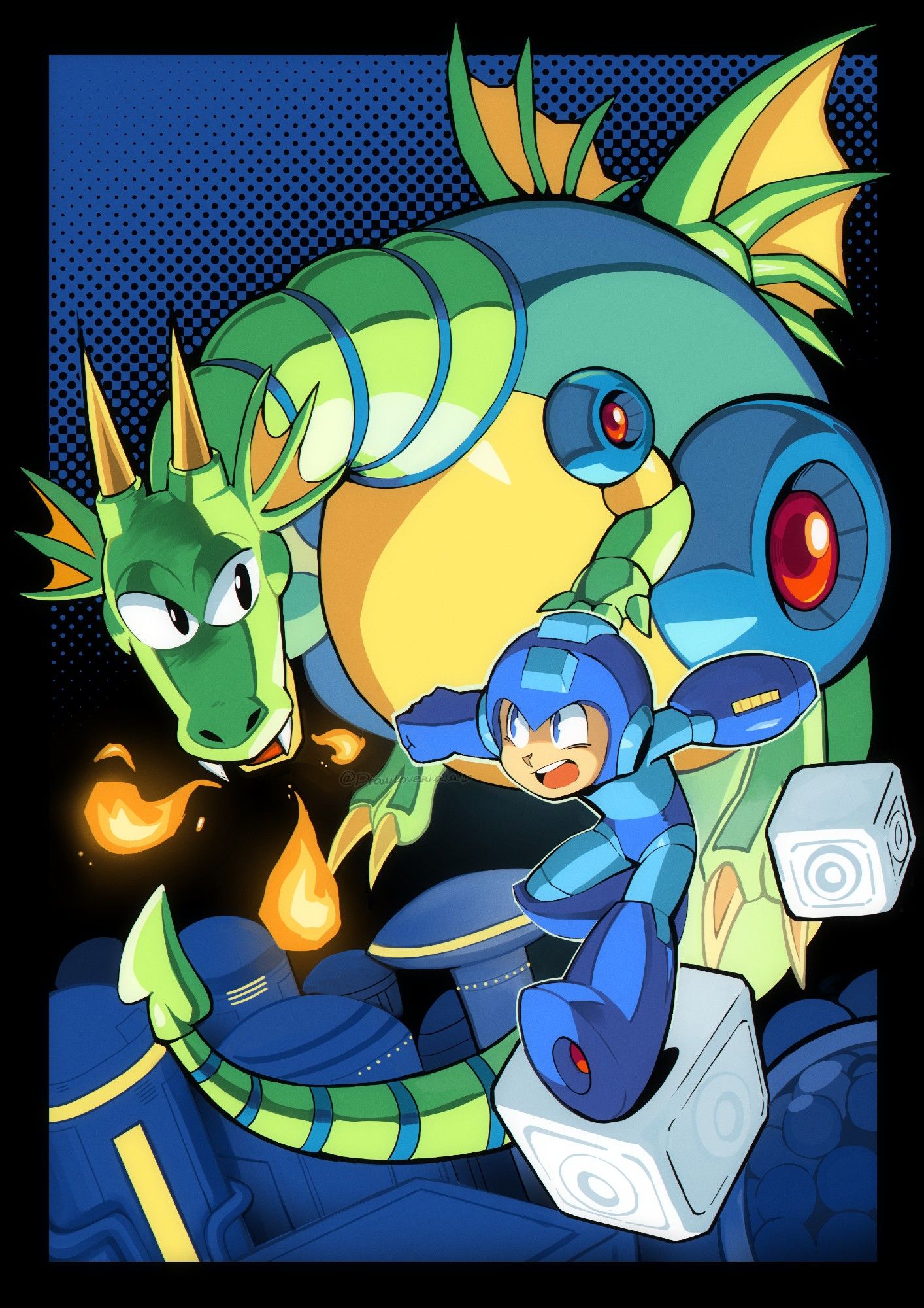 Drawing of Megaman with the Mecha dragon from Megaman 2 behind him spitting some fire balls