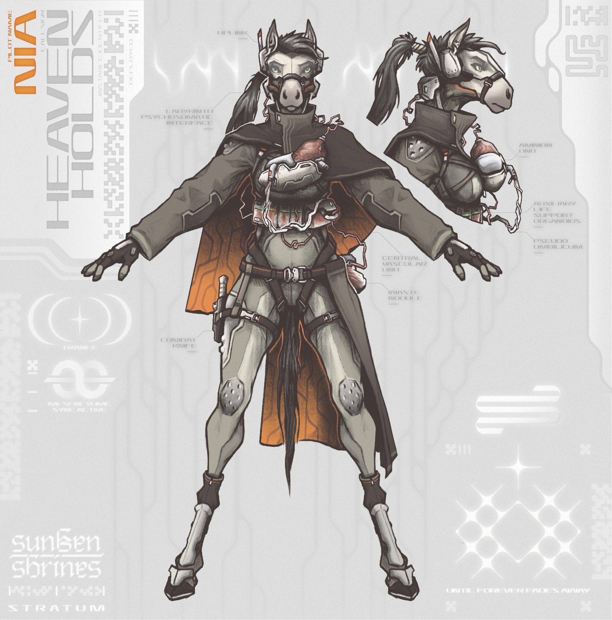 A character sheet of anthro horse mecha pilot named Nia superimposed on metallic and silvery organic patterns.