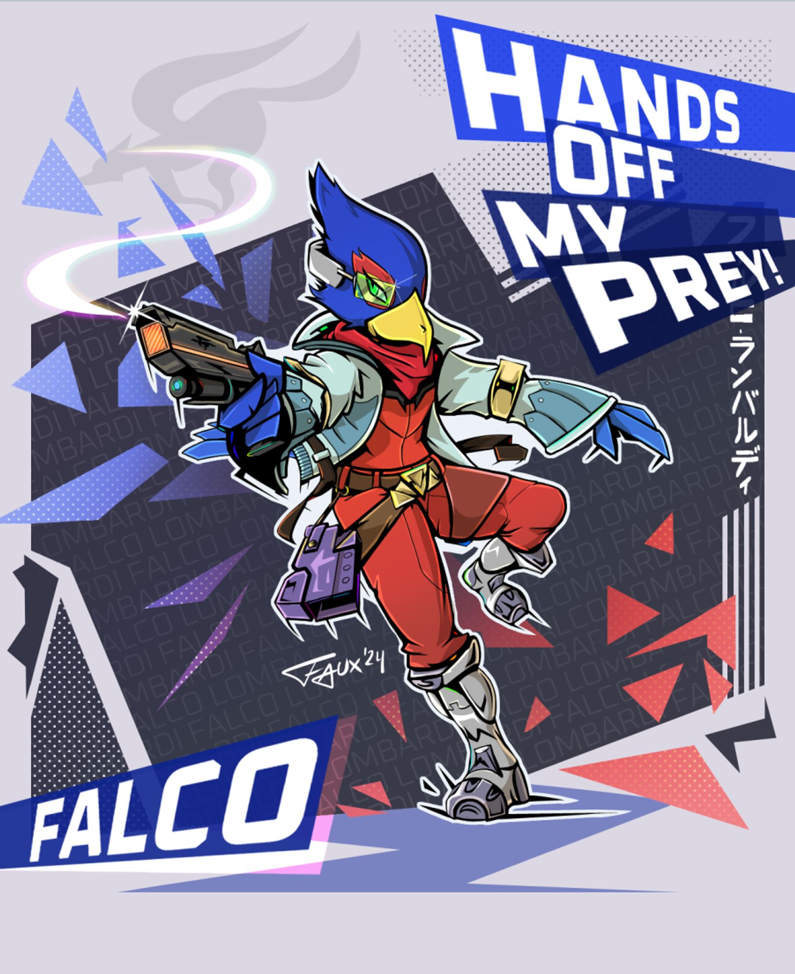 A comic styled Falco Lombardi from Star Fox pointing his gun while stepping in through a jagged frame. The graphic text reads Hand off my prey!.