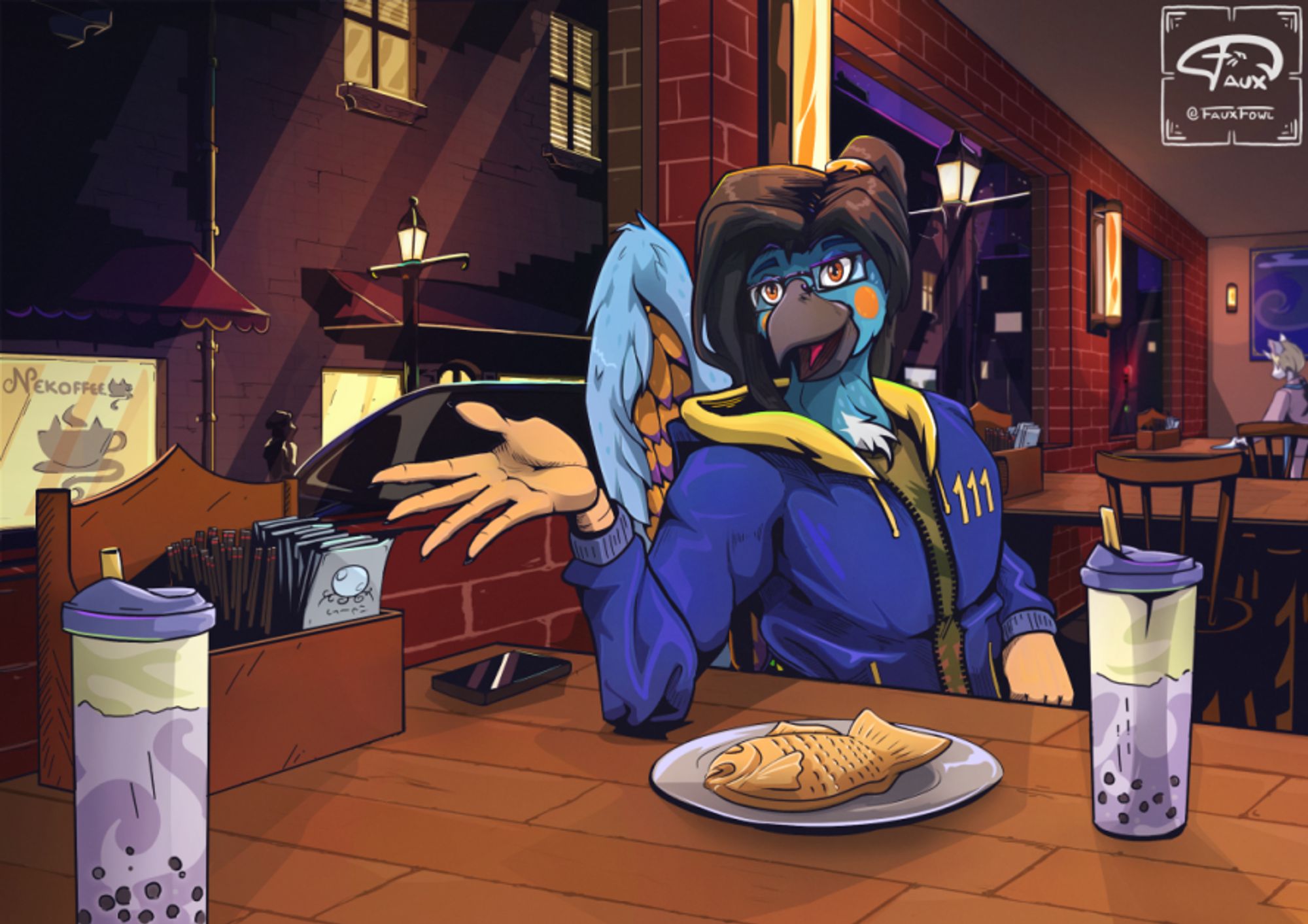 An avian man sitting in a boba shop in Fallout themed sweater. He has a taiyaki and a boba tea in front of him and he is talking to a character off-screen. The city at night outside the windows is moody.