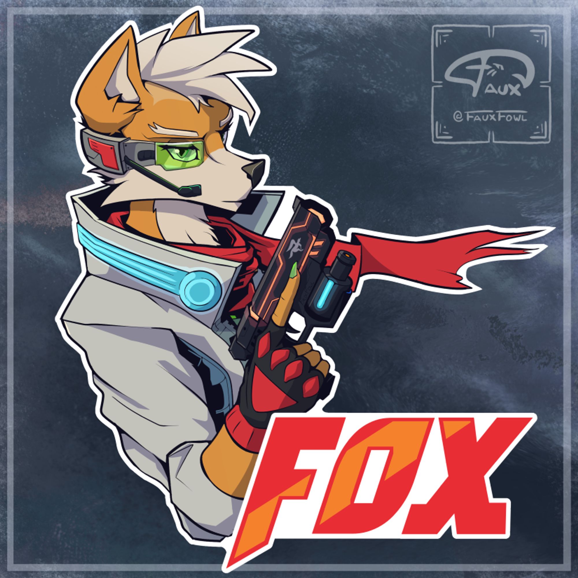 A bust of Fox McCloud from Starfox looking at the camera with a side-eye while holding a blaster on his right hand.