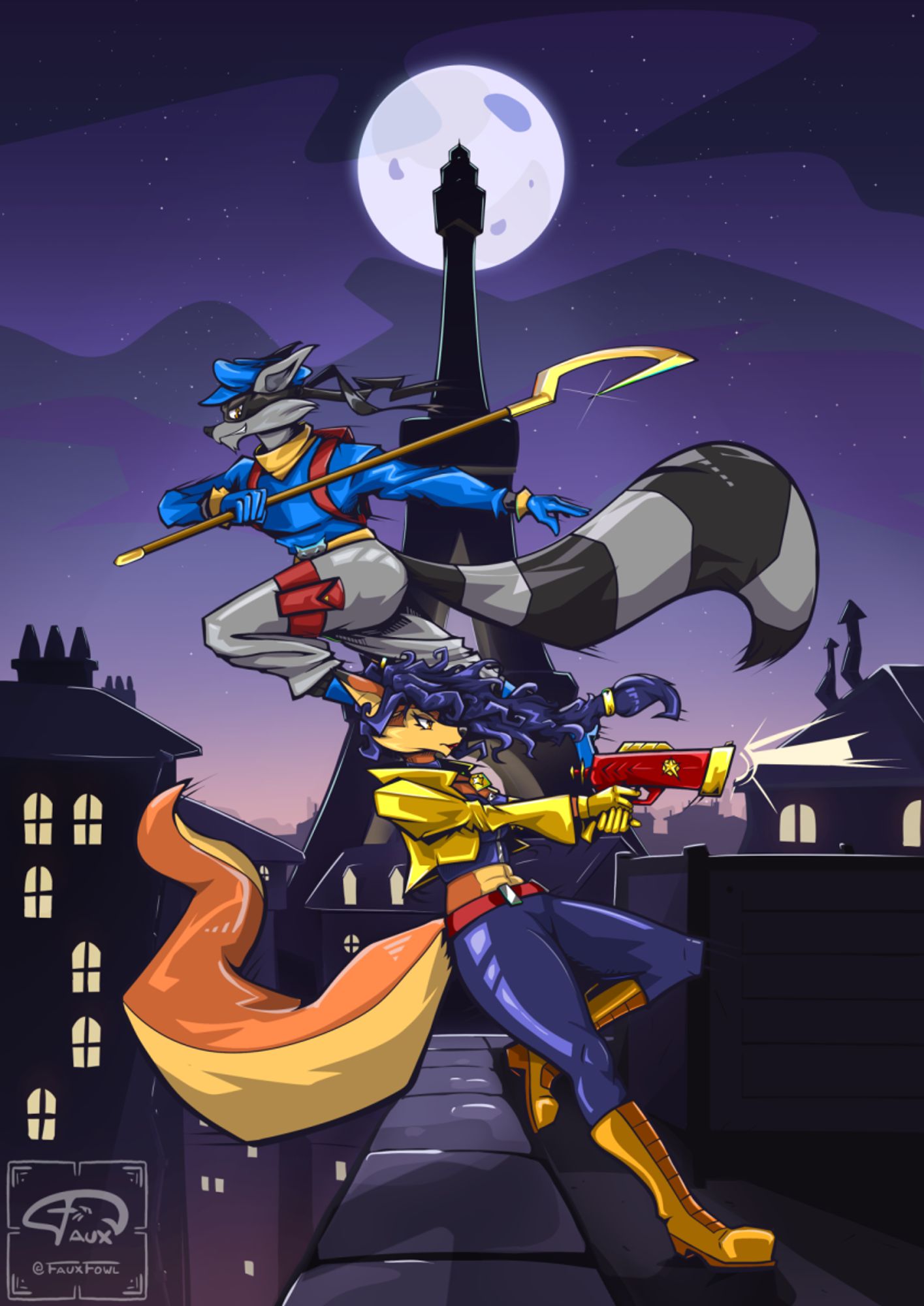 Sly Cooper and Carmelita Fox running away from something on moonlit rooftops of Paris. Eiffel Tower looms behind them as Sly makes a jump across two buildings and Carmelita turns to shoot behind her.