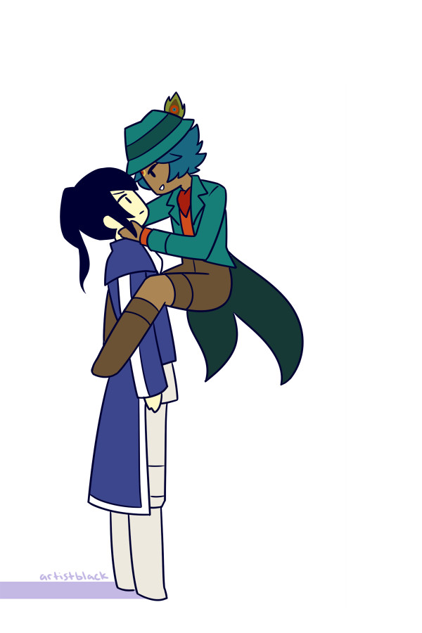 Zoom out of the previous drawing of Krishna and Flynn, revealing that Krishna is too short to kabedon Flynn so he's hovering with his legs wrapped around Flynn's arms