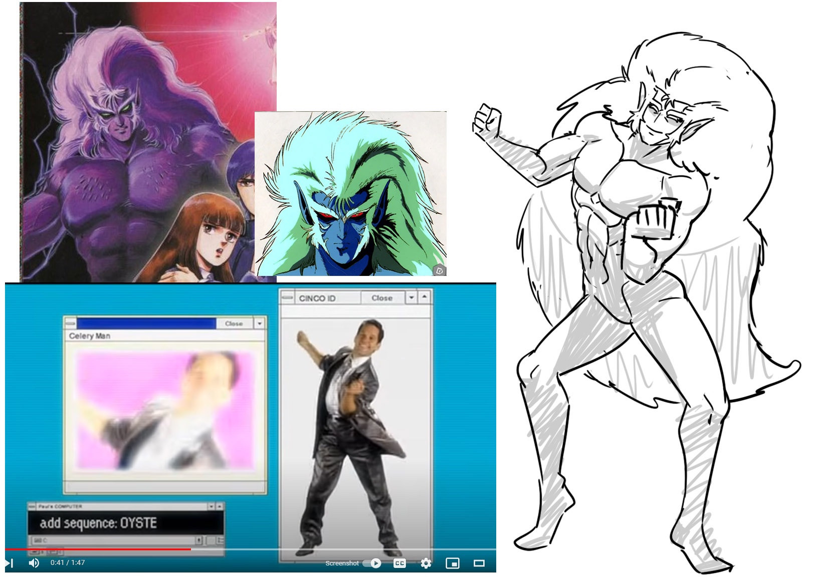 Screenshot of a canvas featuring the rough drawing of Loki dancing. Included on the canvas are reference images of Loki from Megami Tensei 1 and the anime OVA + Paul Rudd dancing from the Celery Man skit from Tim and Eric Awesome Show, Great Job!