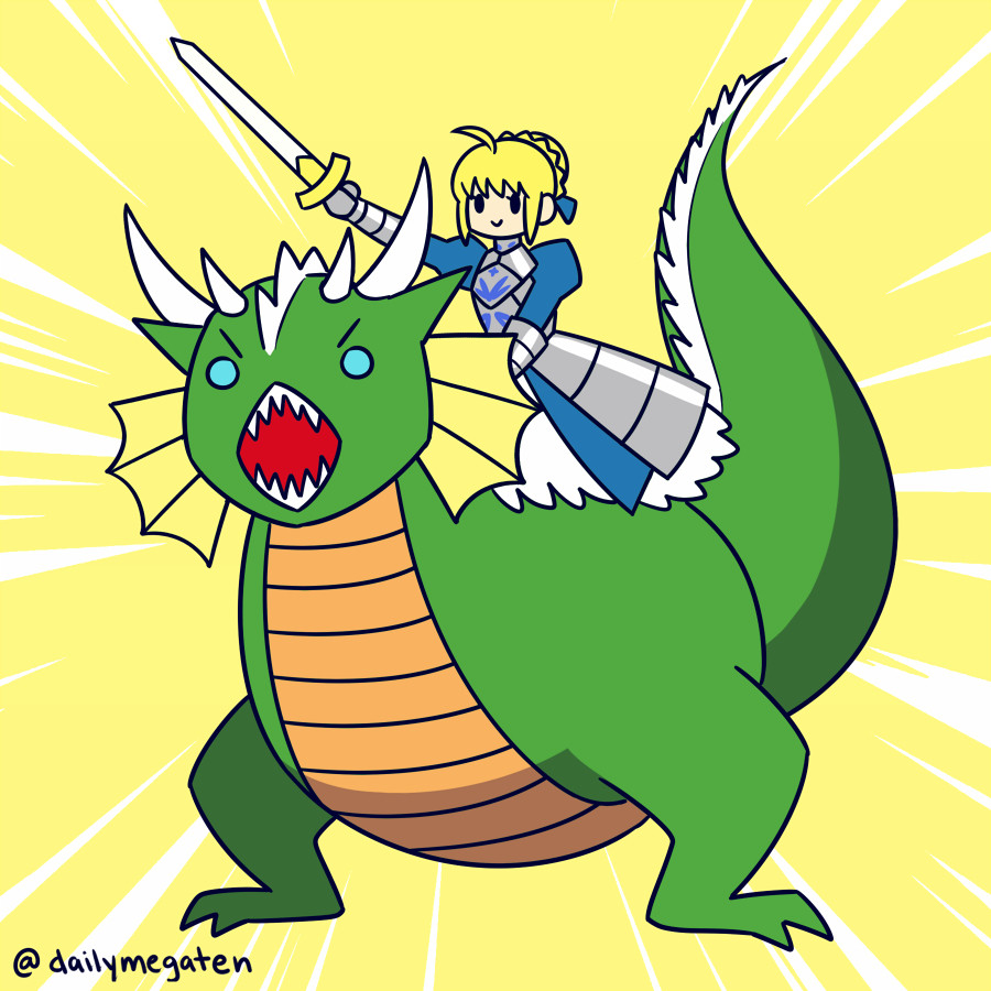 Artoria Pendragon from Fate riding Pendragon from SMT.

I still wonder what Pendragon looks like from the side