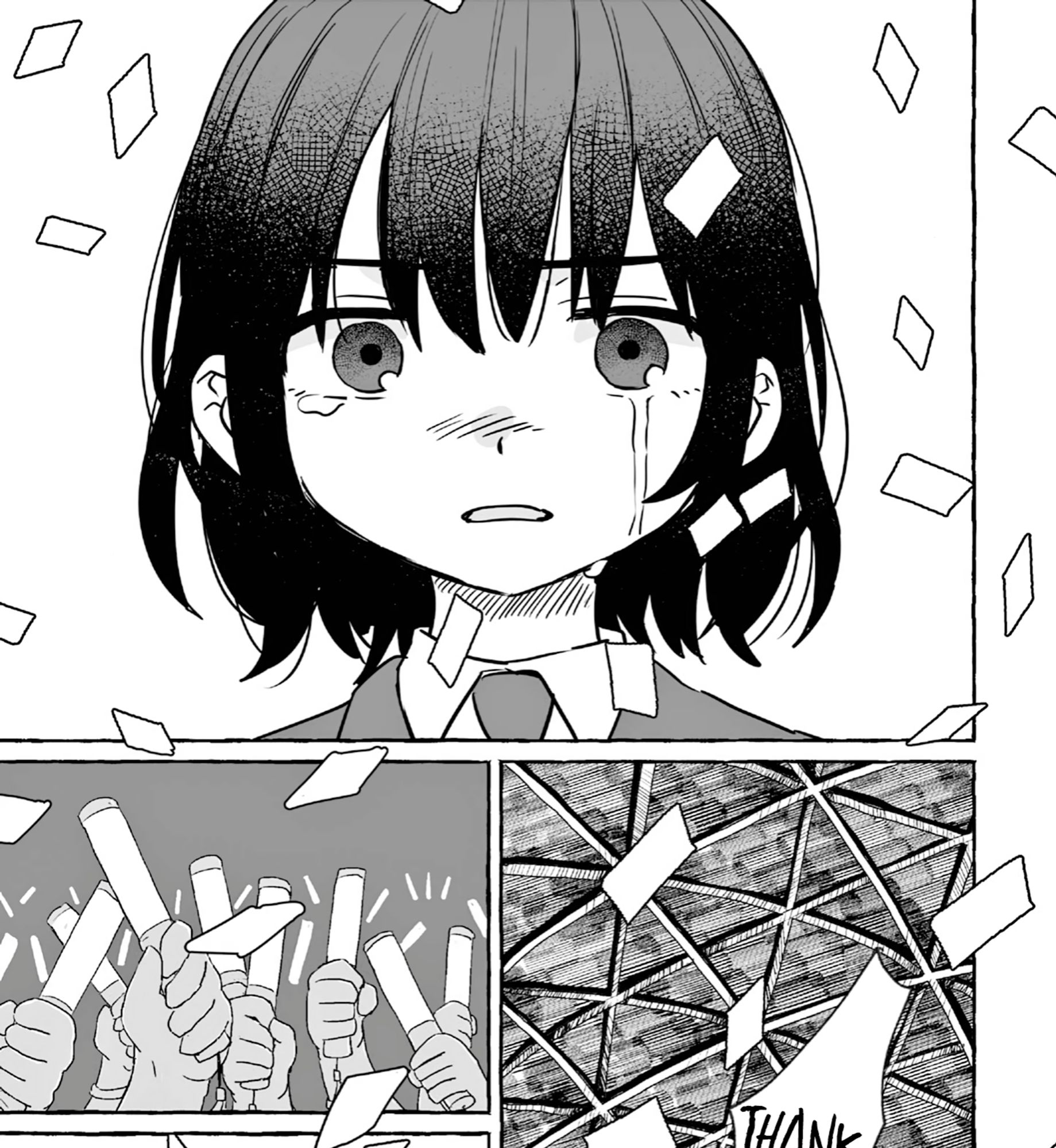 A page from the yuri manga "Alcohol and Ogre-girls" in which the protagonist is moved to tears watching an idol perform.