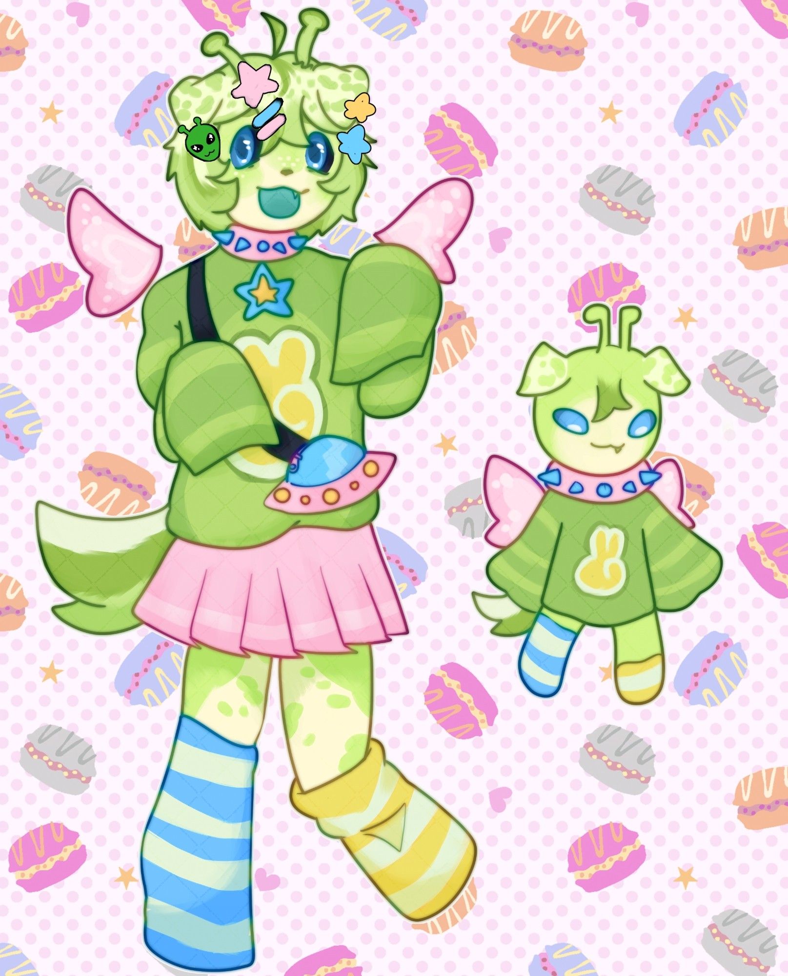 A reference/Fullbody piece of my OC Roadie (he/they pronouns). They are an alien dog. There is a detailed version of him and a simplified version of him. In the detailed version they are posing cutely with Thier hands up and their left leg kicking up. Their skin, hair, ears and tail are varying shades of green. They wear a pink and blue choker with a blue and yellow star attached. Their top is green with long sleeves covering their hands and a yellow peace sign in the middle. They have pink wings hovering over their shoulders and a green fluffy tail They have a pink, blue and yellow spaceship shoulder bag. They're wearing a pink mini skirt. They have long baggy striped socks, the right being blue and the left being yellow. Their simplified version is more alien looking but keeps the same core values (ears, tail, wings, choker, socks and top). He's floating in the air. There's a pink Macaroon background pattern behind them.