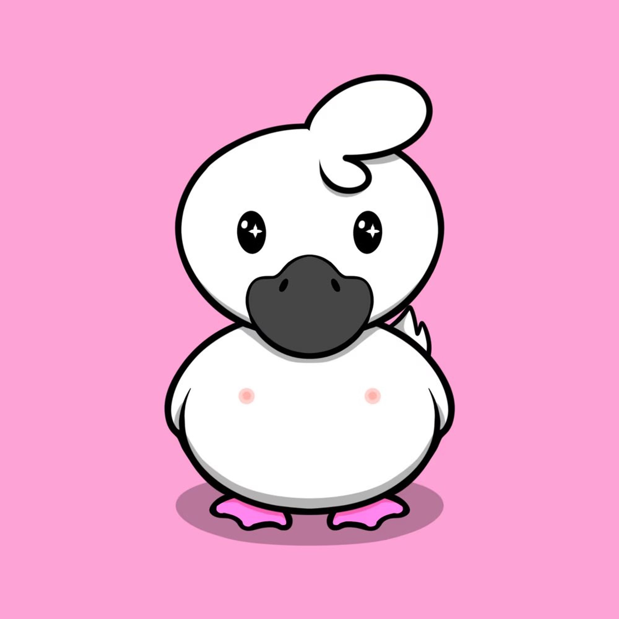 A white cartoon duck with visible nipples, a black bill, pink webbed feet, and sparkly eyes in front of a light pink background.