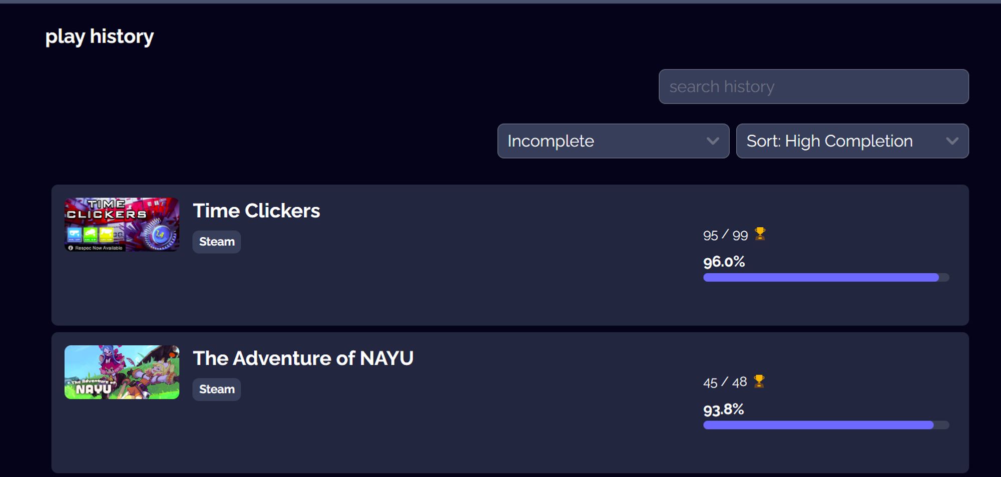 Screenshot of a smol quest profile showing play history sorted and filtered to mostly complete but not entirely complete games. "Time Clickers" and "The Adventure of NAYU" are displayed.