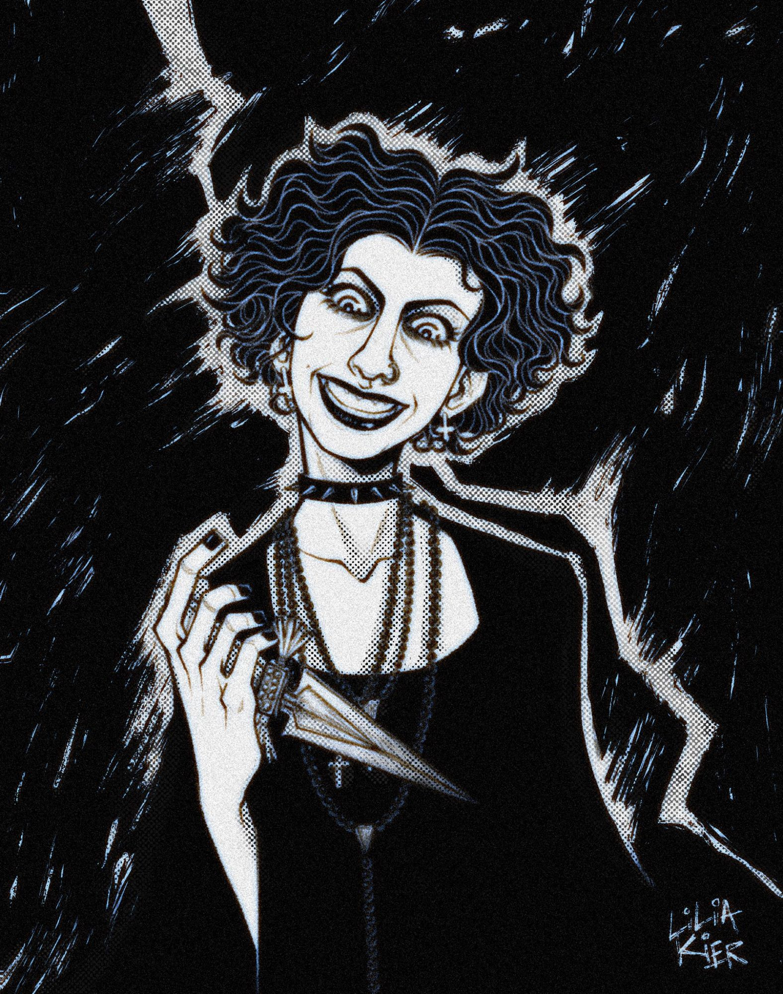 A black and white digital illustration of Nancy Downs from the movie The Craft with some hints of blue aberration on the edges of the black in the drawing, making it have distorted and spooky ambience. Nancy stands facing forward with a dagger in her hand, she tilts her head to the right while giving an off putting frown with a big wide grin, her short hair is a mess all over the place, i neatly divided with white the locks of her black hair. She wears black lipstick and eyeliner, a nose ring on her right nostril, a spiked choker and various long beaded necklaces, as well as a long sleeved dress which melds into the black background. Behind her is a white lightning bolt that creates an outline around her head and shoulder, none of it is clean thought and creates jagged and messy lines all over the black background as if done chaotically with a paint brush. Screen tones are overlaid on the white parts of the background.