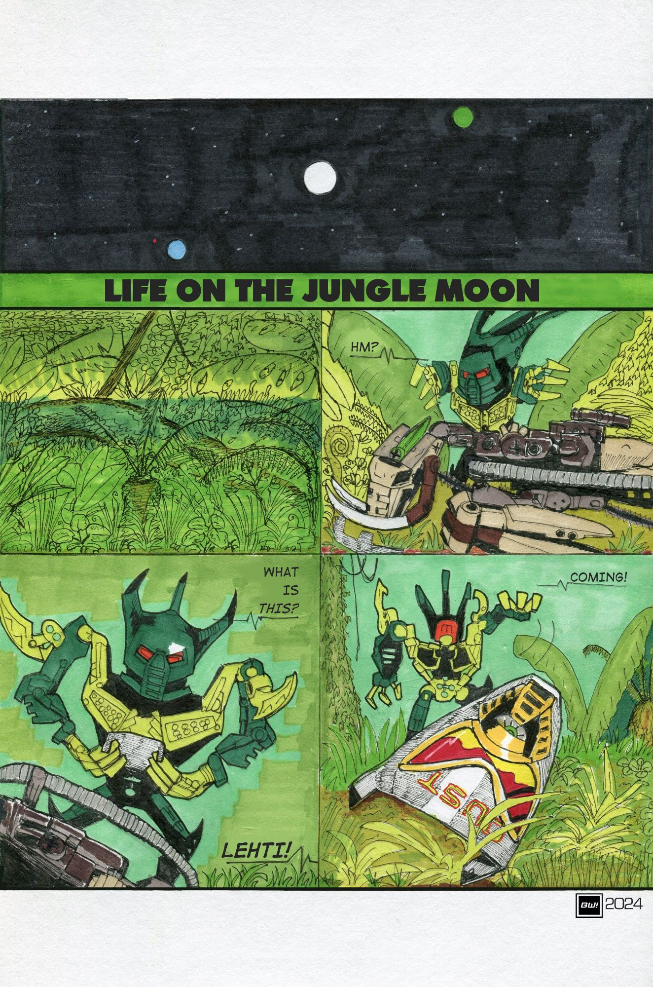 On Bota Magna the lush jungle stirs as Lehti the agori parts two huge leaves to reveal the remains of some winged biomechanical creature with huge tusks. He picks up a piece of it and wonders what he has found until he is called away and tosses the mask like faceplate marked DUST to the forest floor.