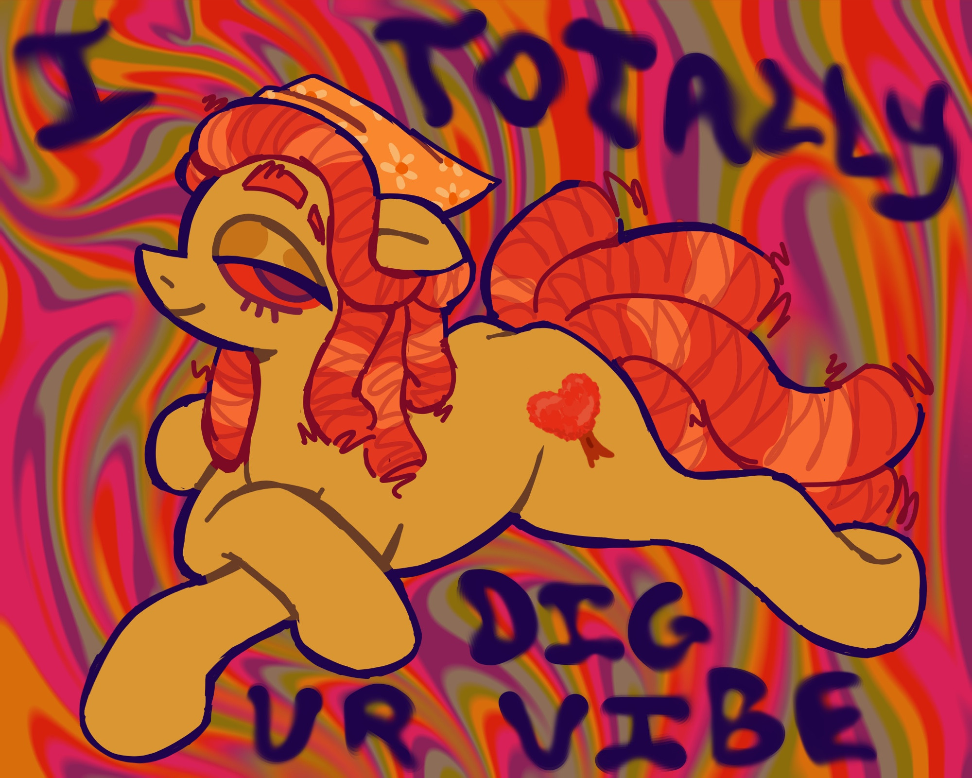 an illustration of treehugger from my little pony against a background of swirling warm-toned rainbow colors. she is laying on her belly with her front hooves crossed, glancing towards the viewer and smiling— appearing relaxed. the artwork features text that reads; “I totally dig ur vibe” in groovy lettering