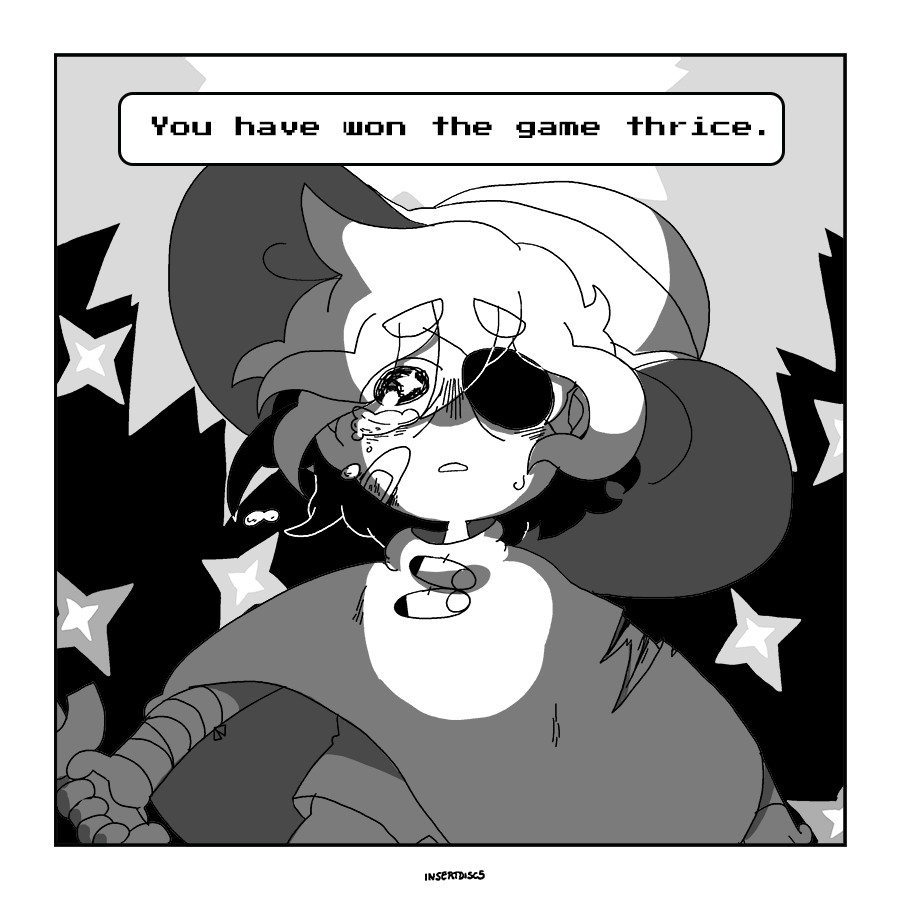 Panel 4: Siffrin is surrounded by stars, crying, looking awed and hopeful.
Text: You have won the game thrice.