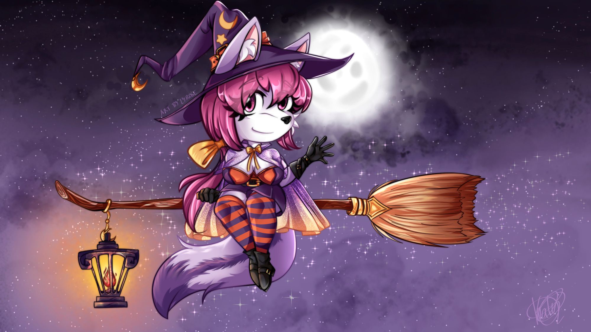 The following picture has a chibi of my lavender wolf character Breezy, she's sitting on a flying broom dressed as a witch for halloween. The background has purplish hues and a full moon behind. Breezy is waving at the viewer.