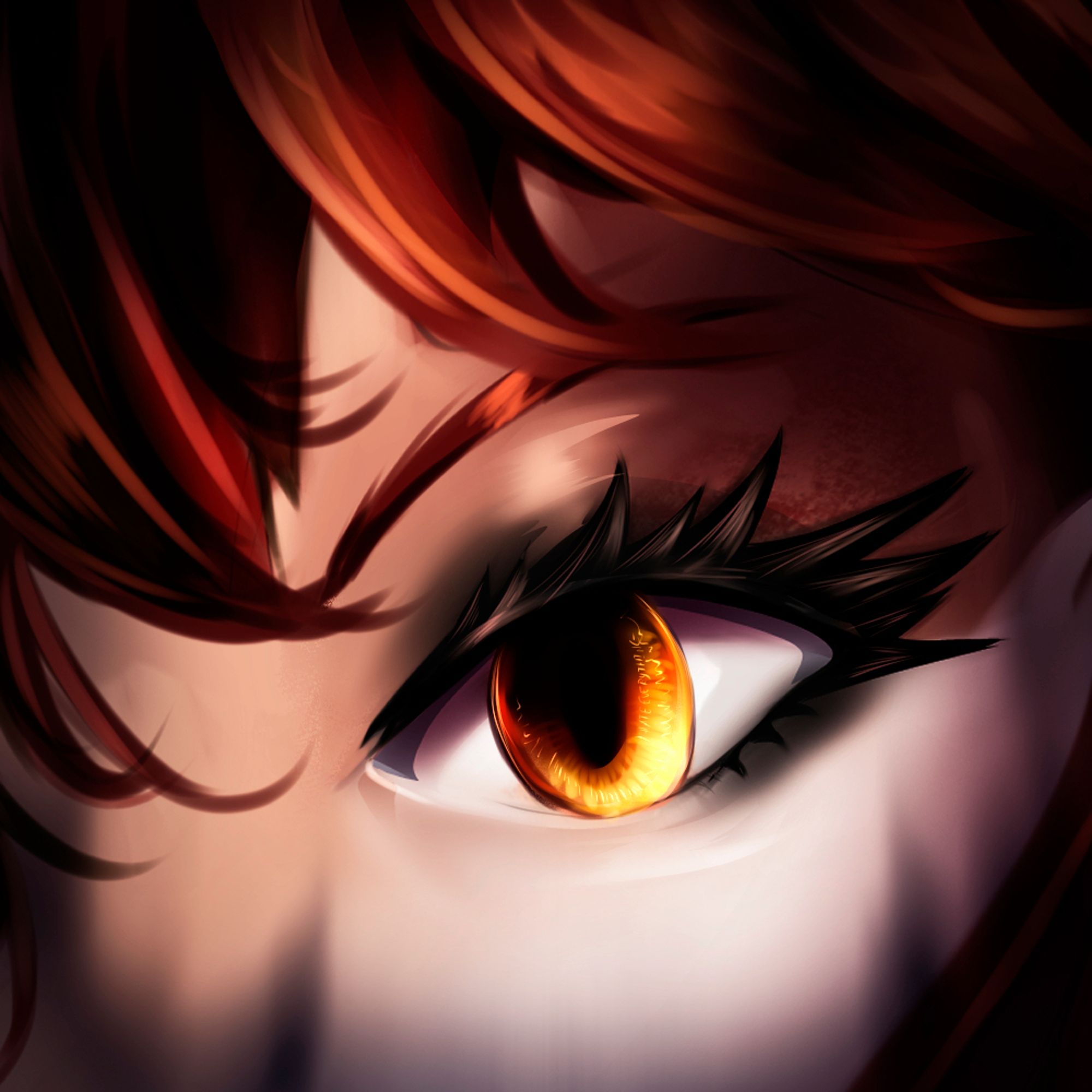 The following is a painting of a characters eye, mainly my sona Lyrose, her eye is in her "triggered" mode, it's a rich amber colored eye with a dark shadow over and dark pupil with dark surrounding shades.